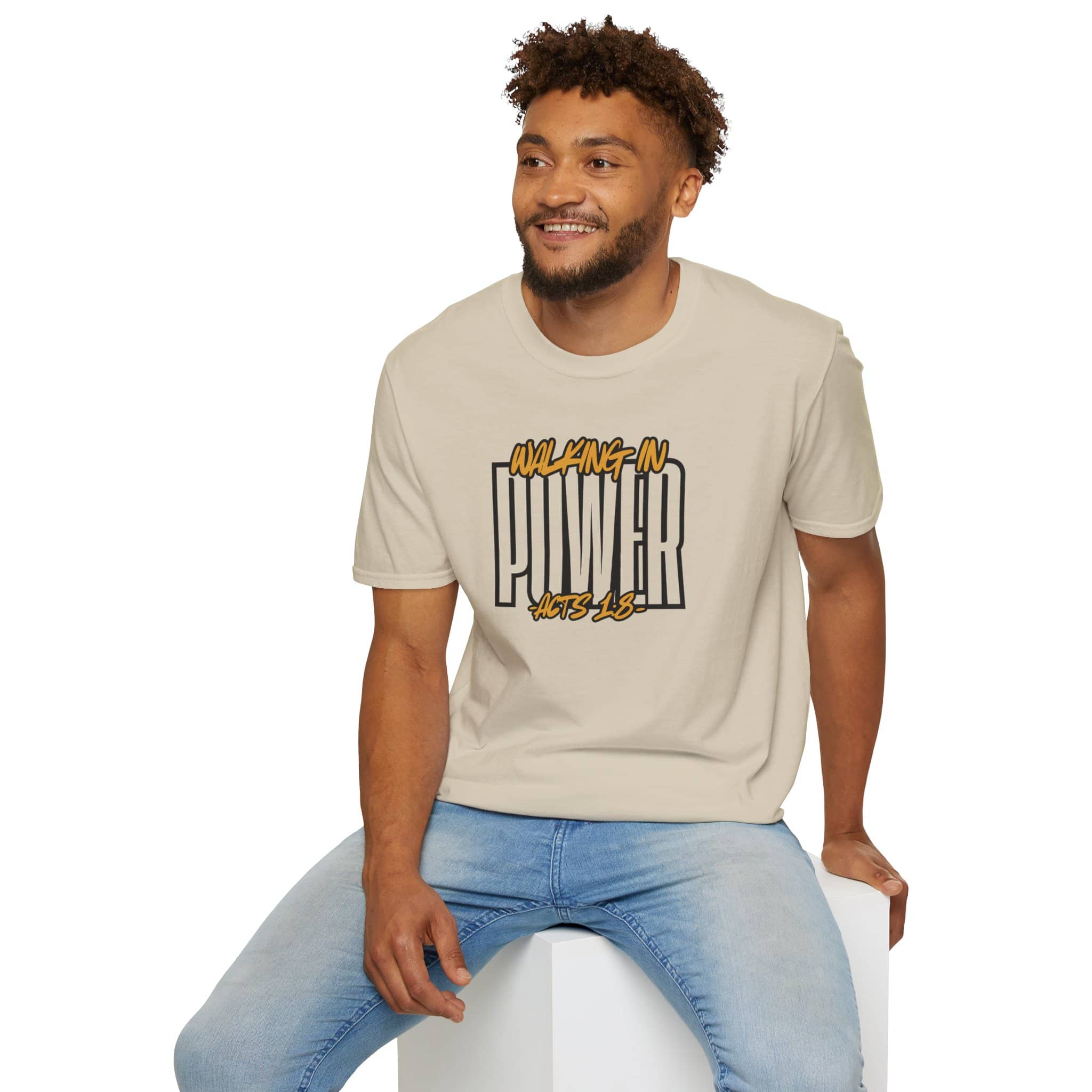 T-Shirt with 'Walking in Power' scripture graphic tee in beige, shown from the front view
