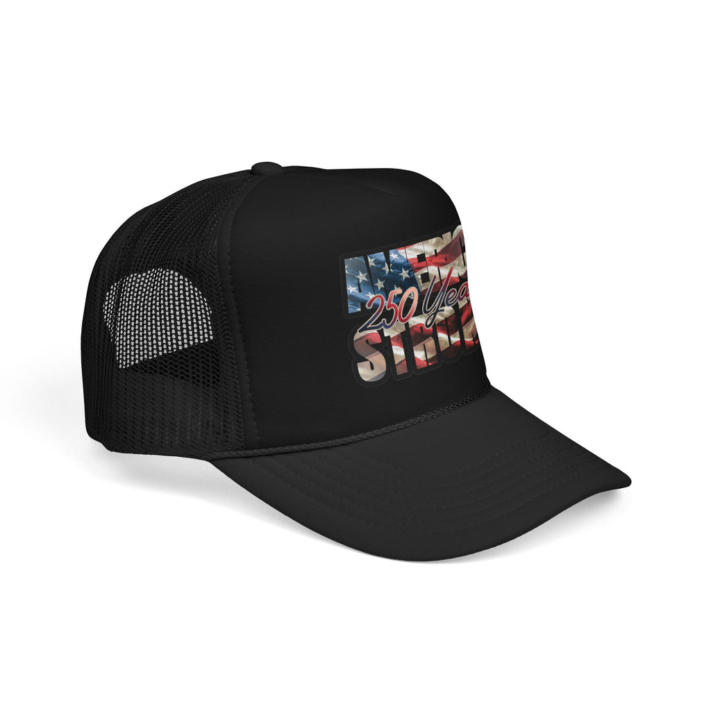 "250 Years Strong" Vintage American Flag Trucker Hat — Patriotic Cap