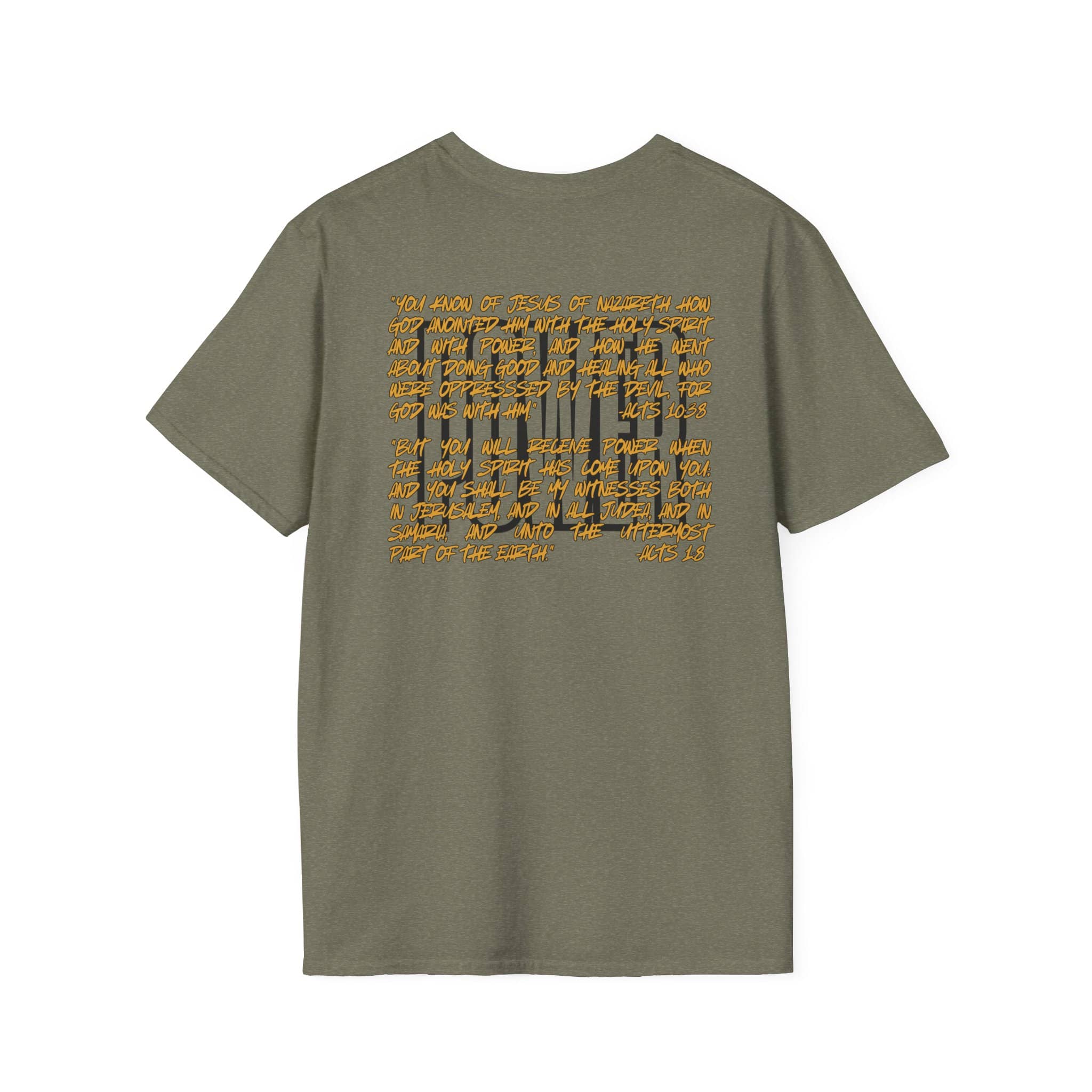 Green scripture graphic tee with inspirational text printed on the back view