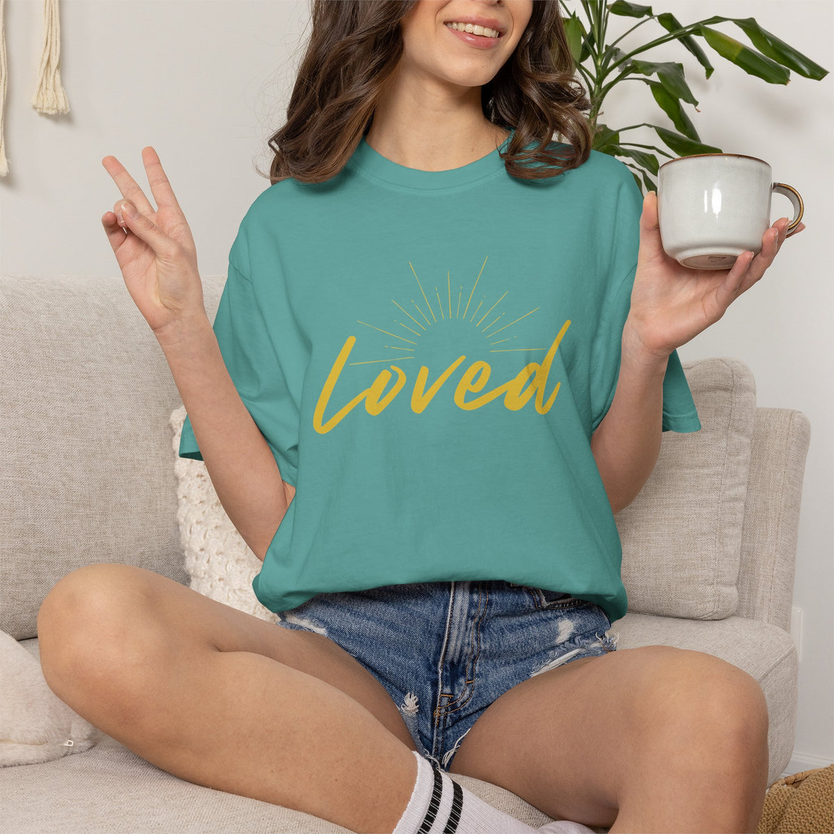 Loved Script T-Shirt — "Loved" Gold Script Tee with Inspirational Scripture Text (John 15:9-10)