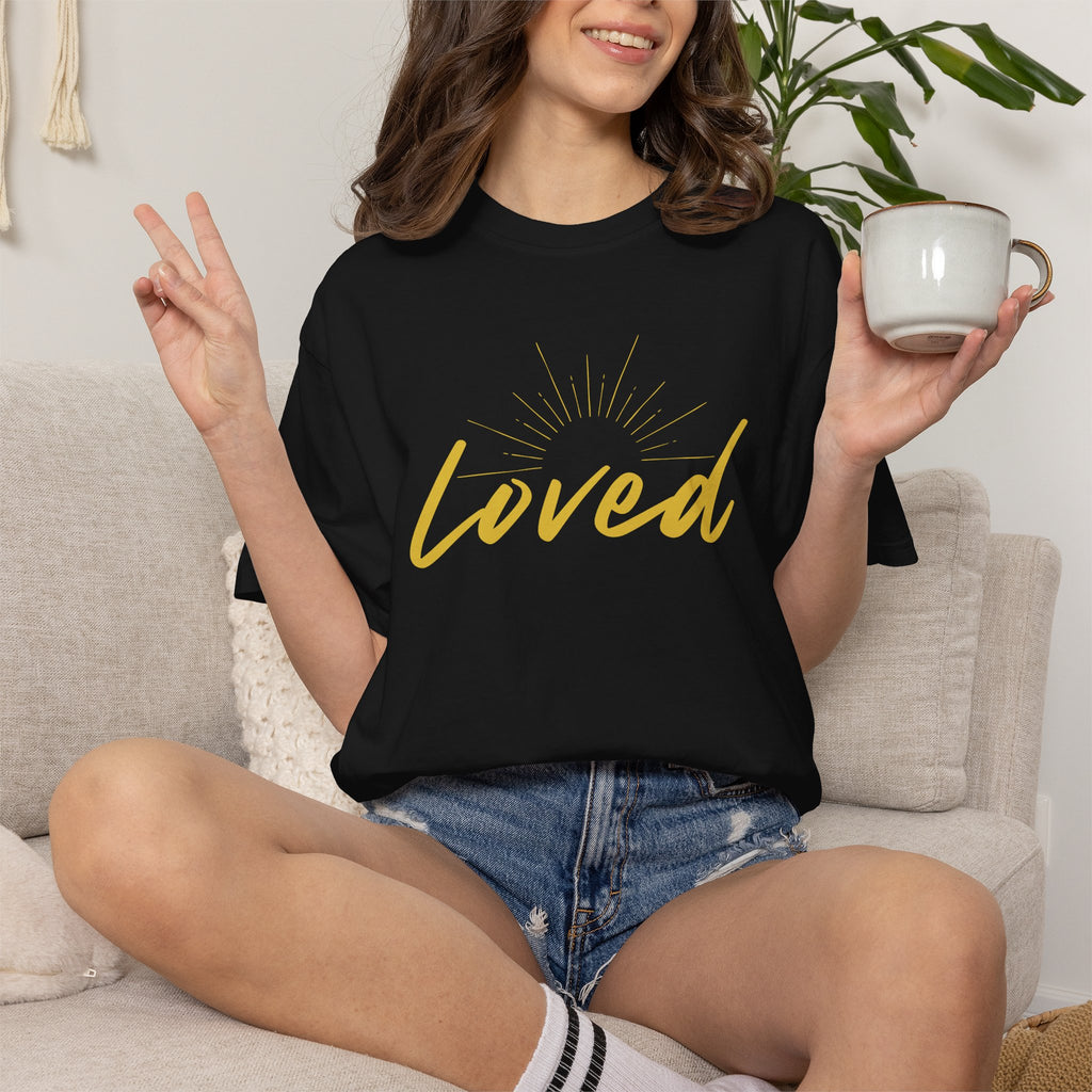 Loved Script T-Shirt — "Loved" Gold Script Tee with Inspirational Scripture Text (John 15:9-10)