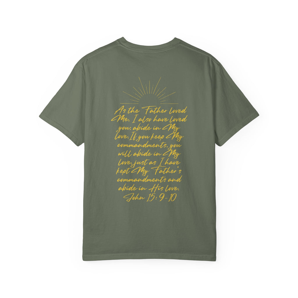 Loved Script T-Shirt — "Loved" Gold Script Tee with Inspirational Scripture Text (John 15:9-10)