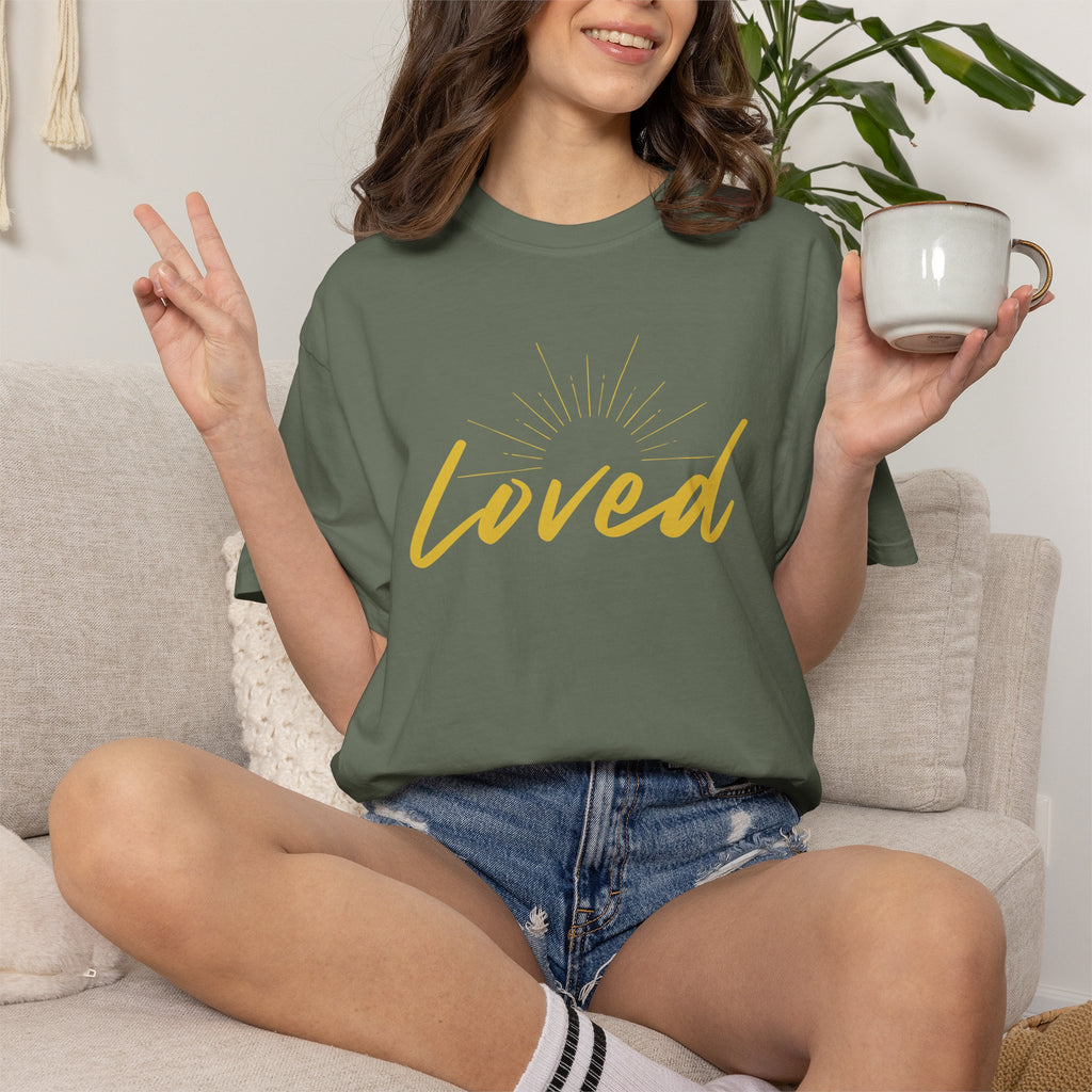 Loved Script T-Shirt — "Loved" Gold Script Tee with Inspirational Scripture Text (John 15:9-10)