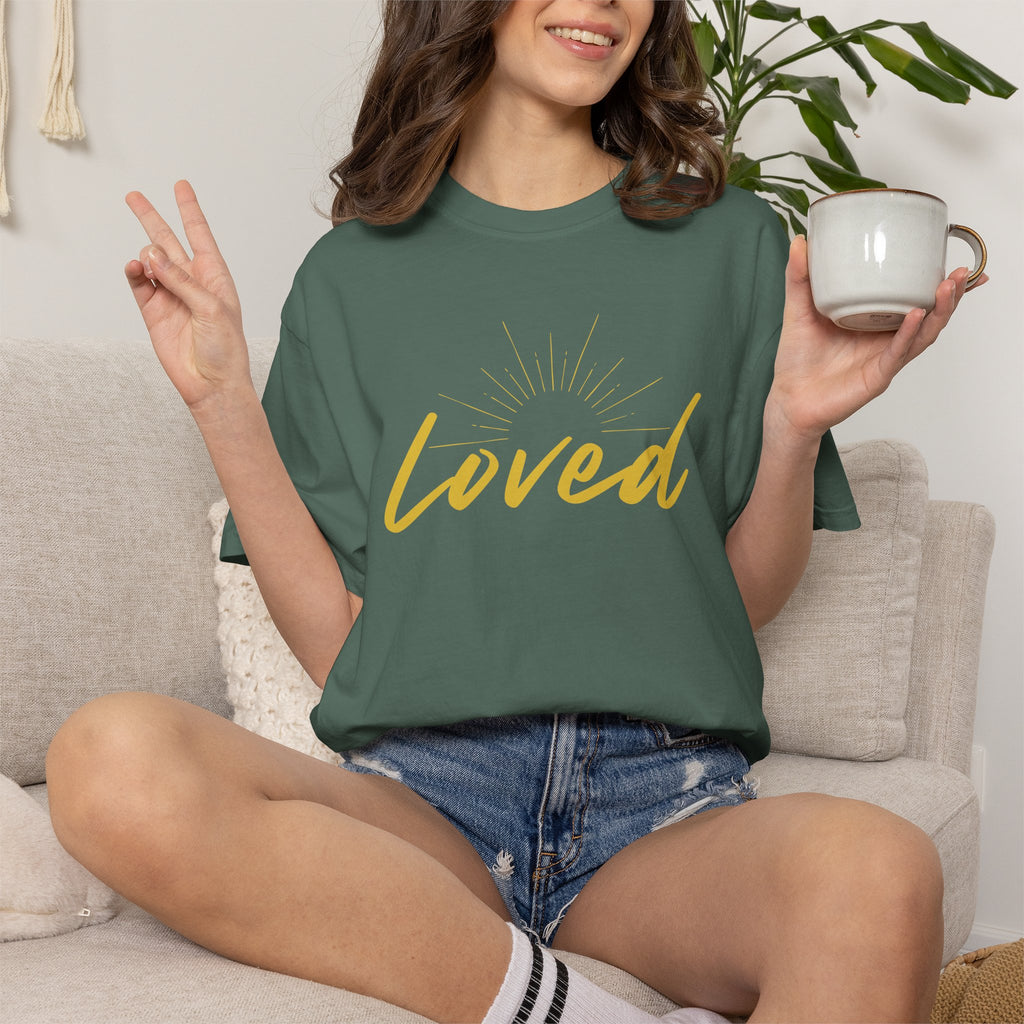 Loved Script T-Shirt — "Loved" Gold Script Tee with Inspirational Scripture Text (John 15:9-10)