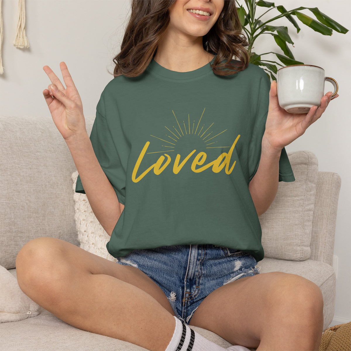 Loved Script T-Shirt — "Loved" Gold Script Tee with Inspirational Scripture Text (John 15:9-10)