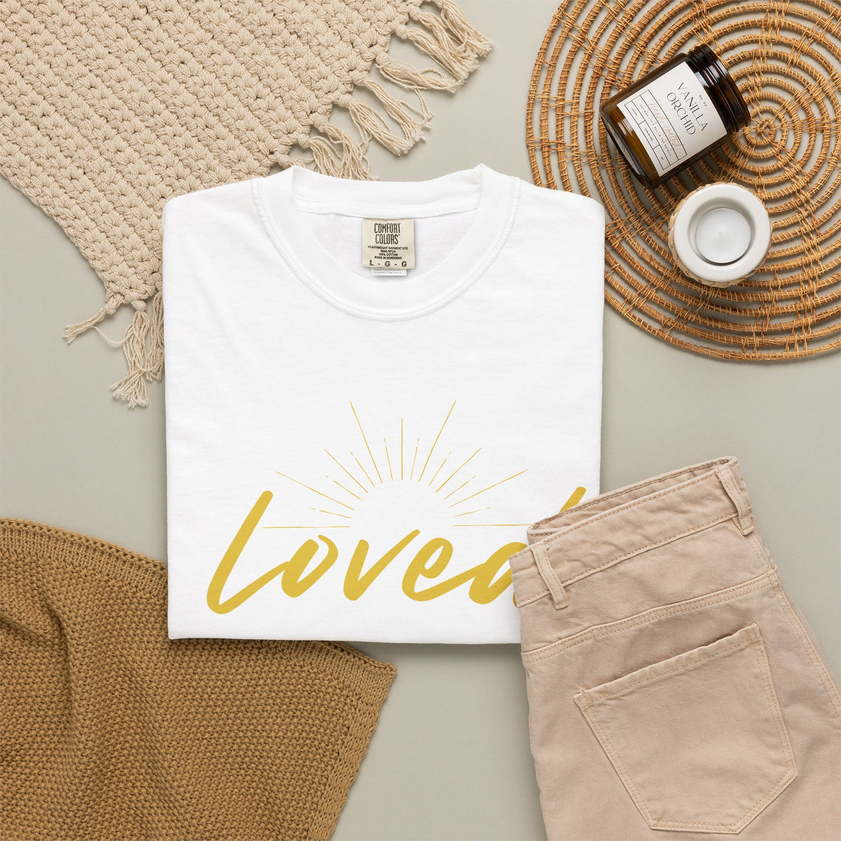 Loved Script T-Shirt — "Loved" Gold Script Tee with Inspirational Scripture Text (John 15:9-10)