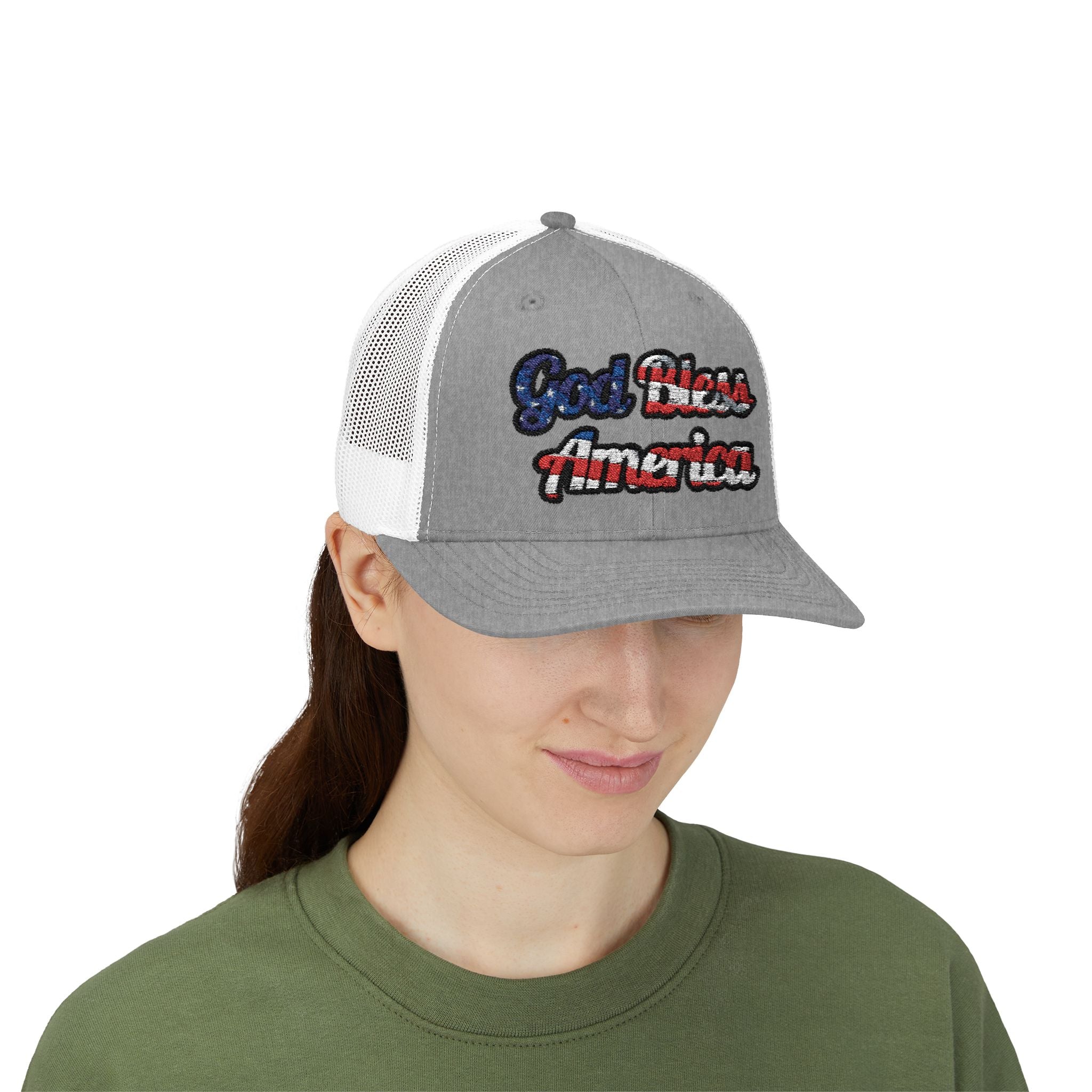 God Bless America Embroidery Snapback Trucker Cap