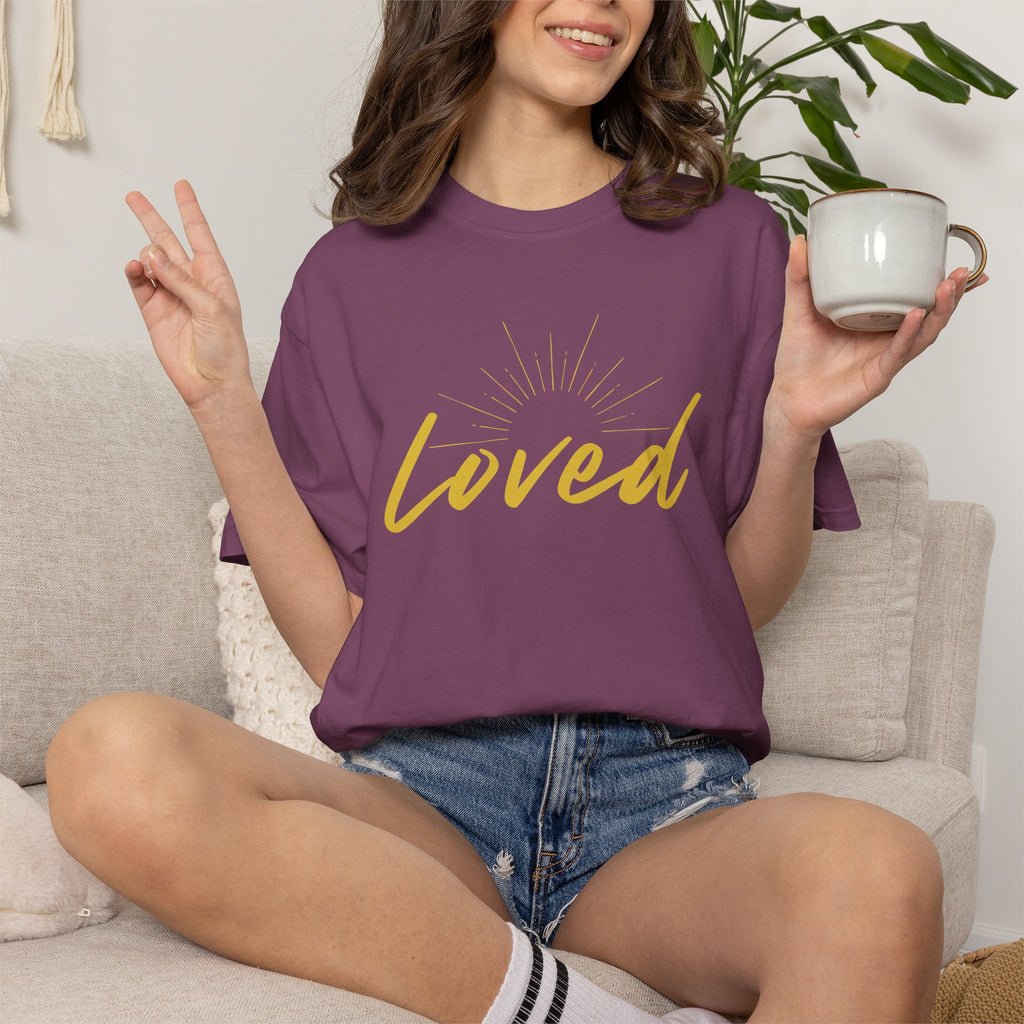Loved Script T-Shirt — "Loved" Gold Script Tee with Inspirational Scripture Text (John 15:9-10)