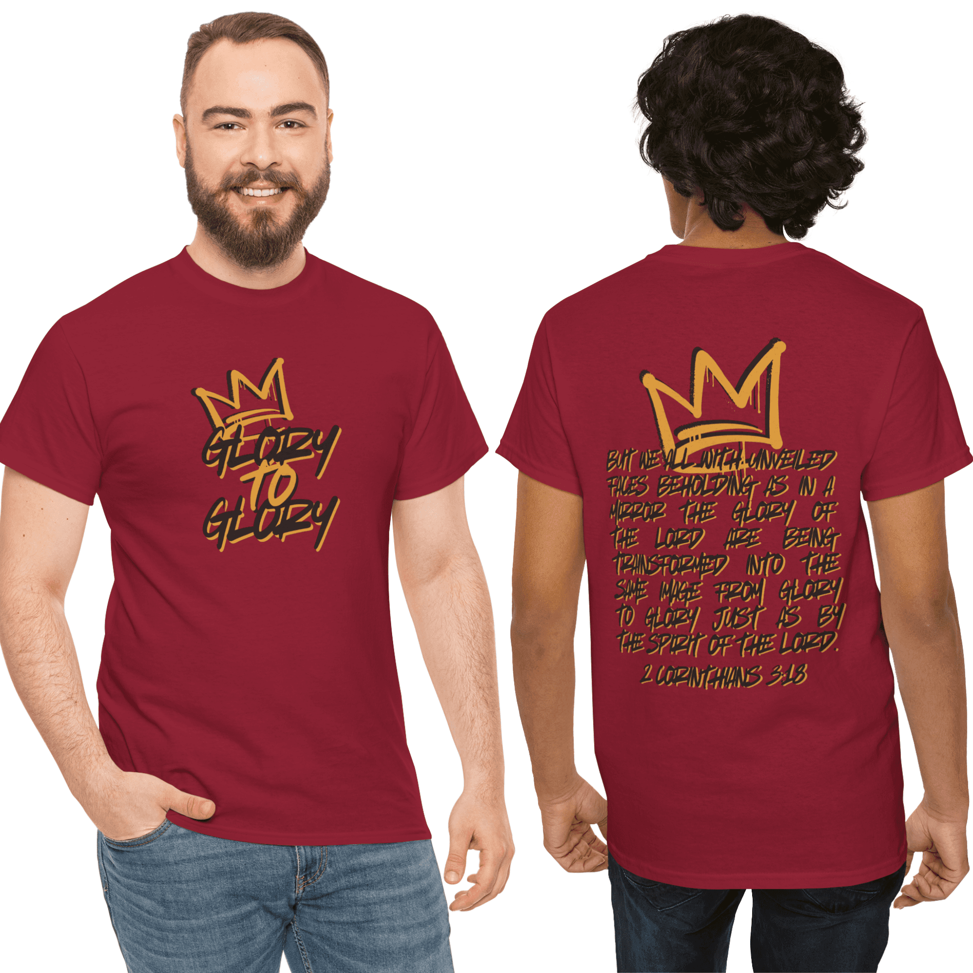 Heavy cotton Scripture shirt with 'Glory to Glory' design in maroon, front and back view