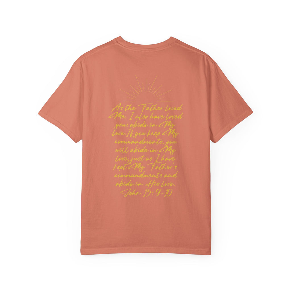 Loved Script T-Shirt — "Loved" Gold Script Tee with Inspirational Scripture Text (John 15:9-10)