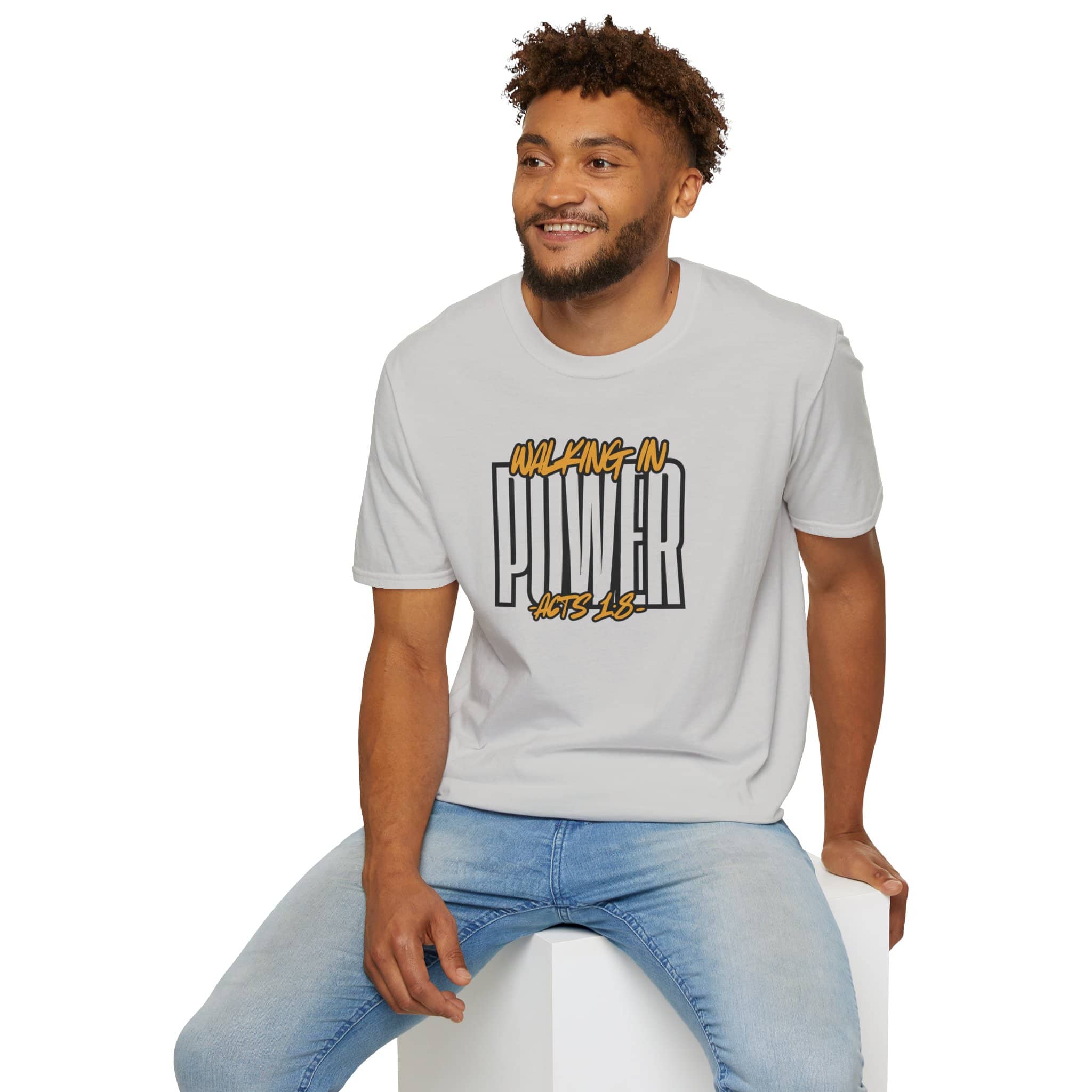 Men's scripture graphic tee featuring 'Walking in Power' in bold black and orange on a light gray shirt, front view.