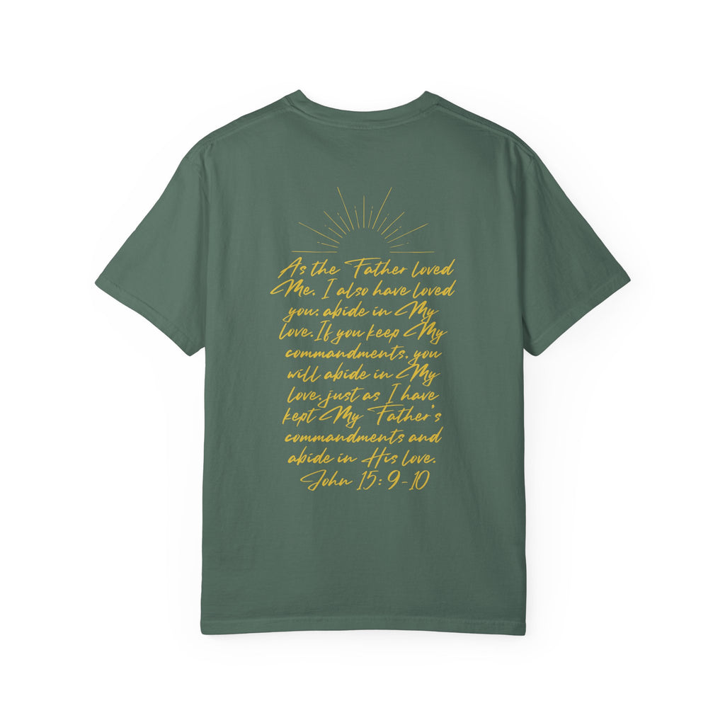 Loved Script T-Shirt — "Loved" Gold Script Tee with Inspirational Scripture Text (John 15:9-10)