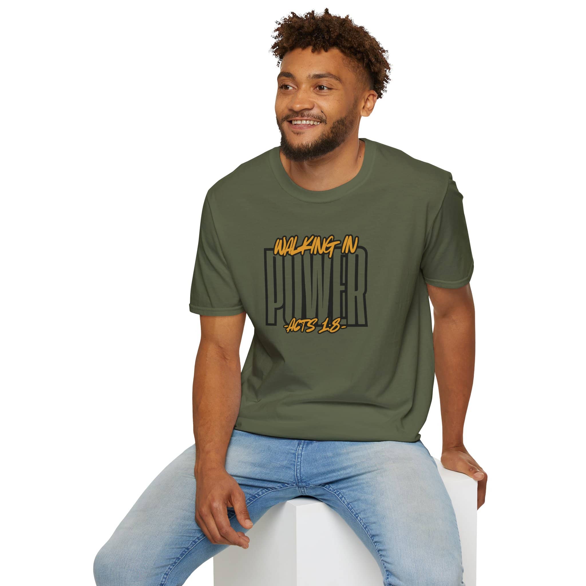 Men's scripture graphic tee in olive green with 'Walking in Power Acts 1:8' design on the front