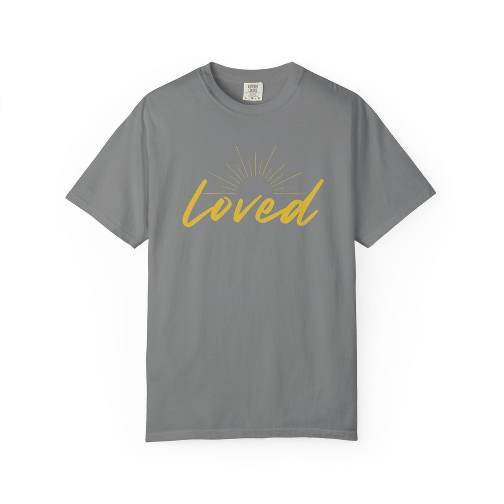 Loved Script T-Shirt — "Loved" Gold Script Tee with Inspirational Scripture Text (John 15:9-10)