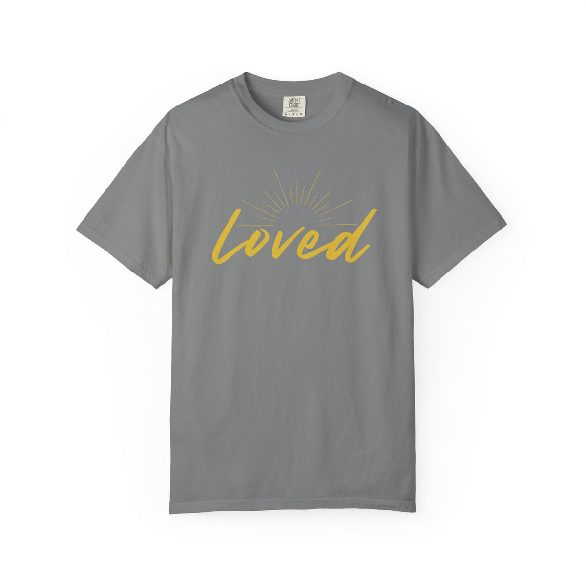 Loved Script T-Shirt — "Loved" Gold Script Tee with Inspirational Scripture Text (John 15:9-10)
