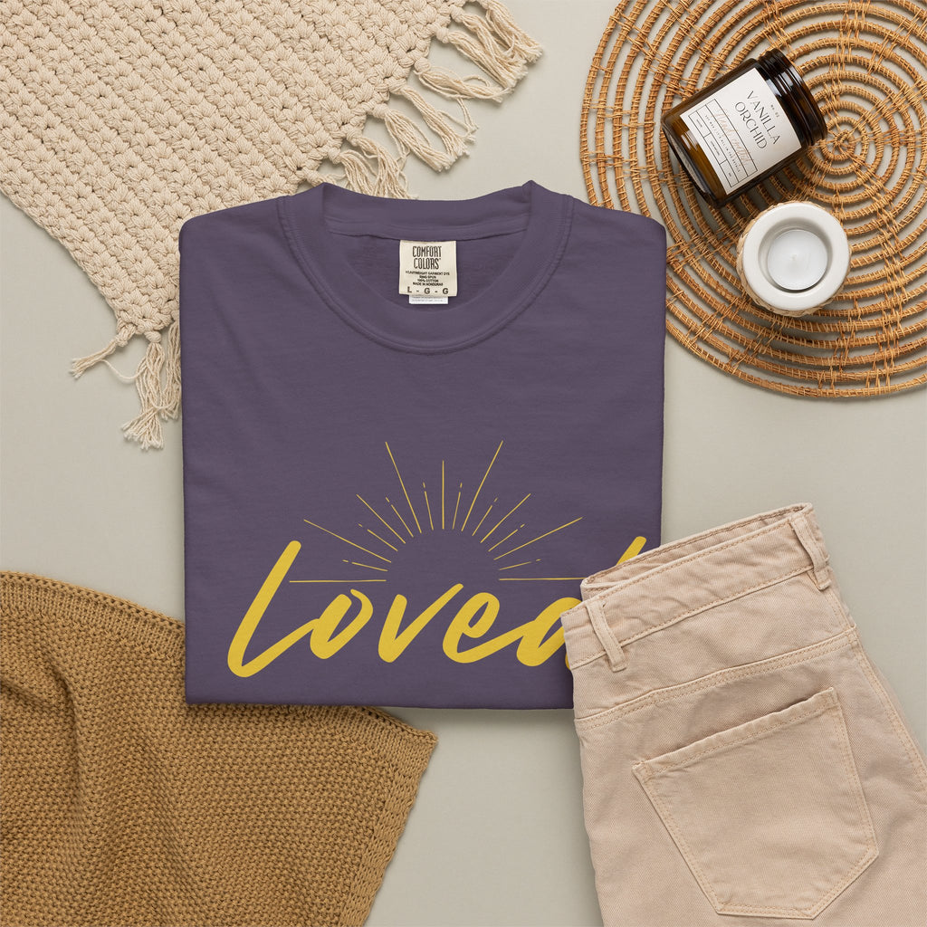 Loved Script T-Shirt — "Loved" Gold Script Tee with Inspirational Scripture Text (John 15:9-10)