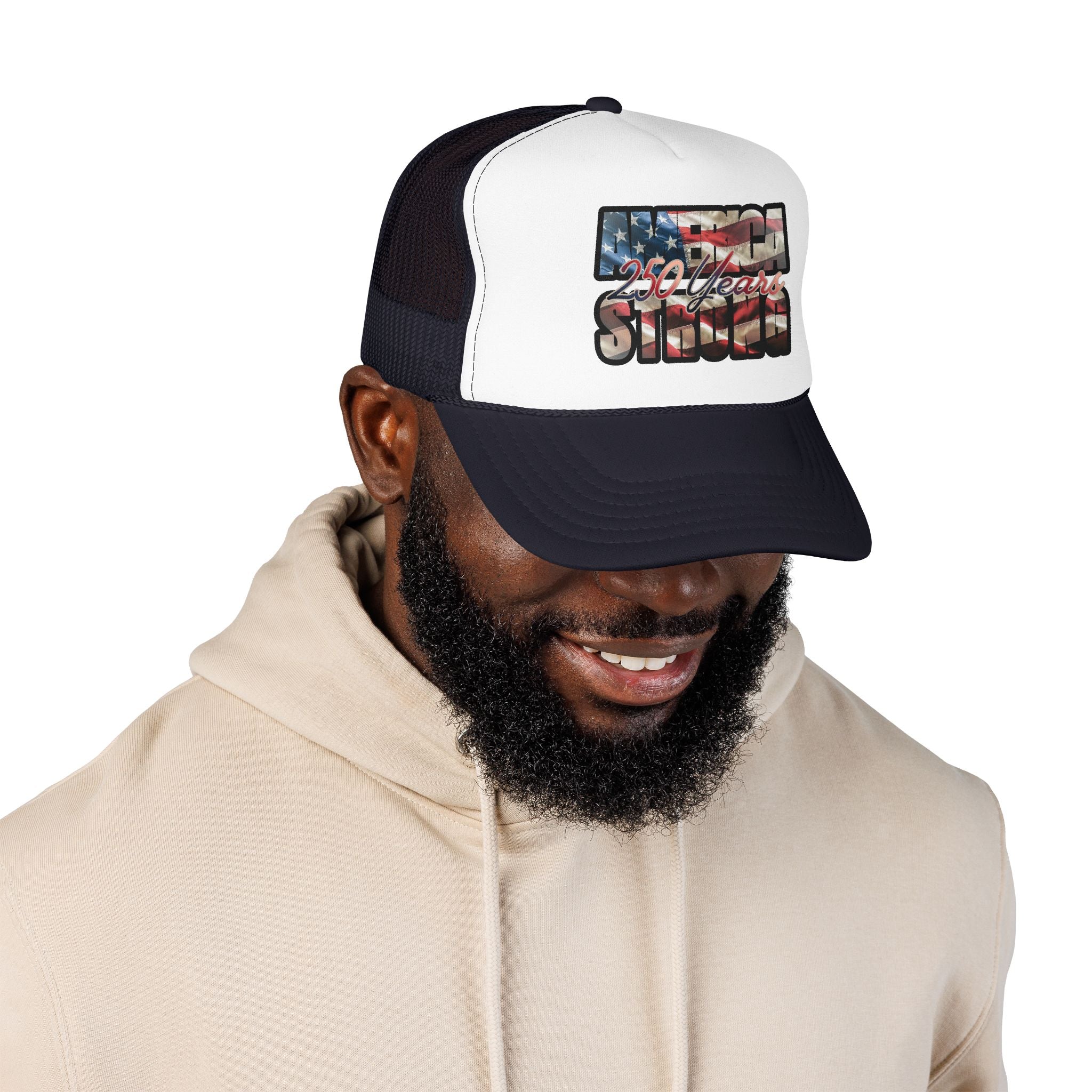 "250 Years Strong" Vintage American Flag Trucker Hat — Patriotic Cap