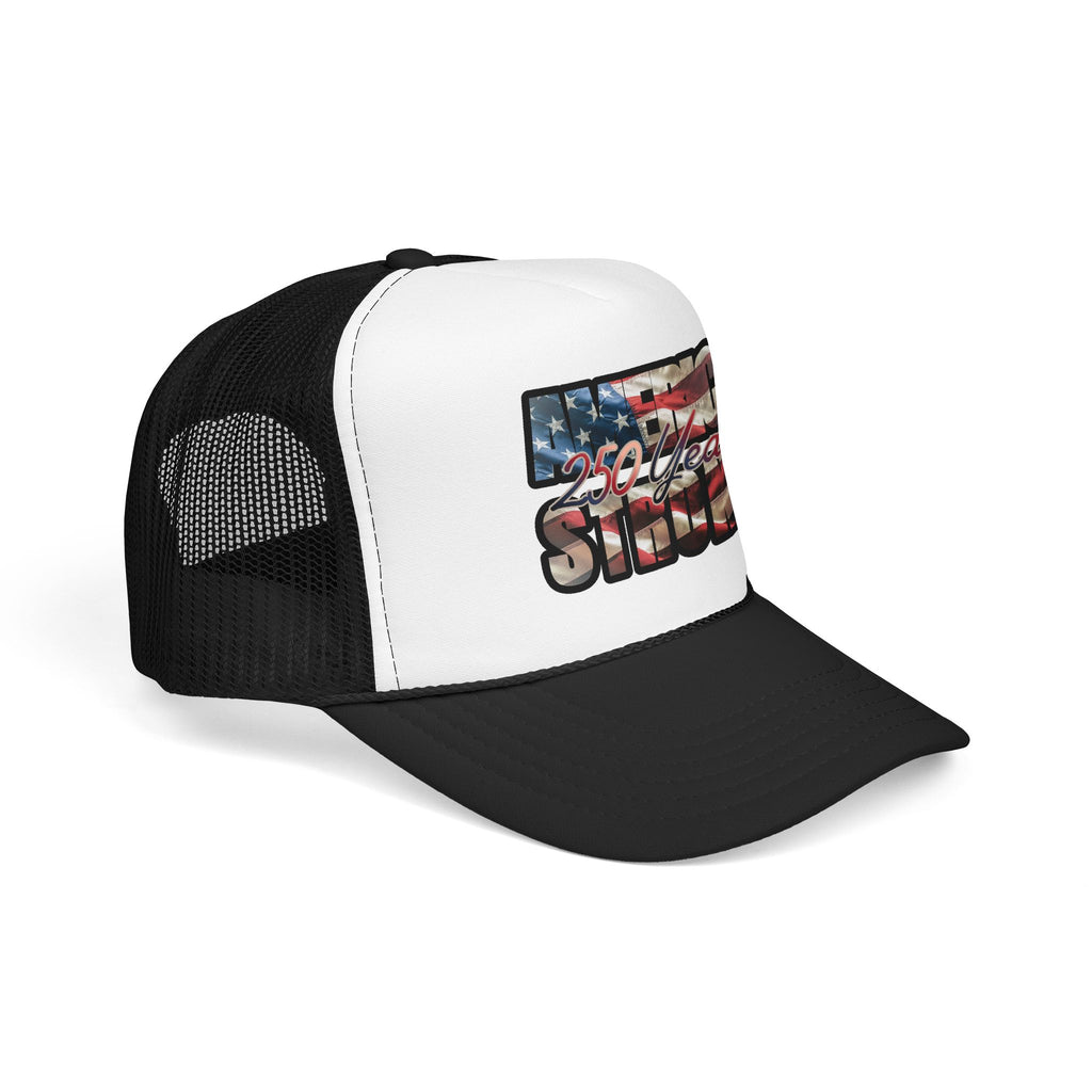 "250 Years Strong" Vintage American Flag Trucker Hat — Patriotic Cap