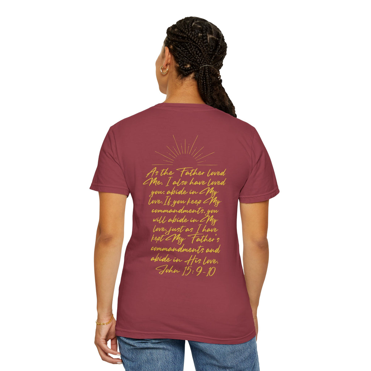 Loved Script T-Shirt — "Loved" Gold Script Tee with Inspirational Scripture Text (John 15:9-10)