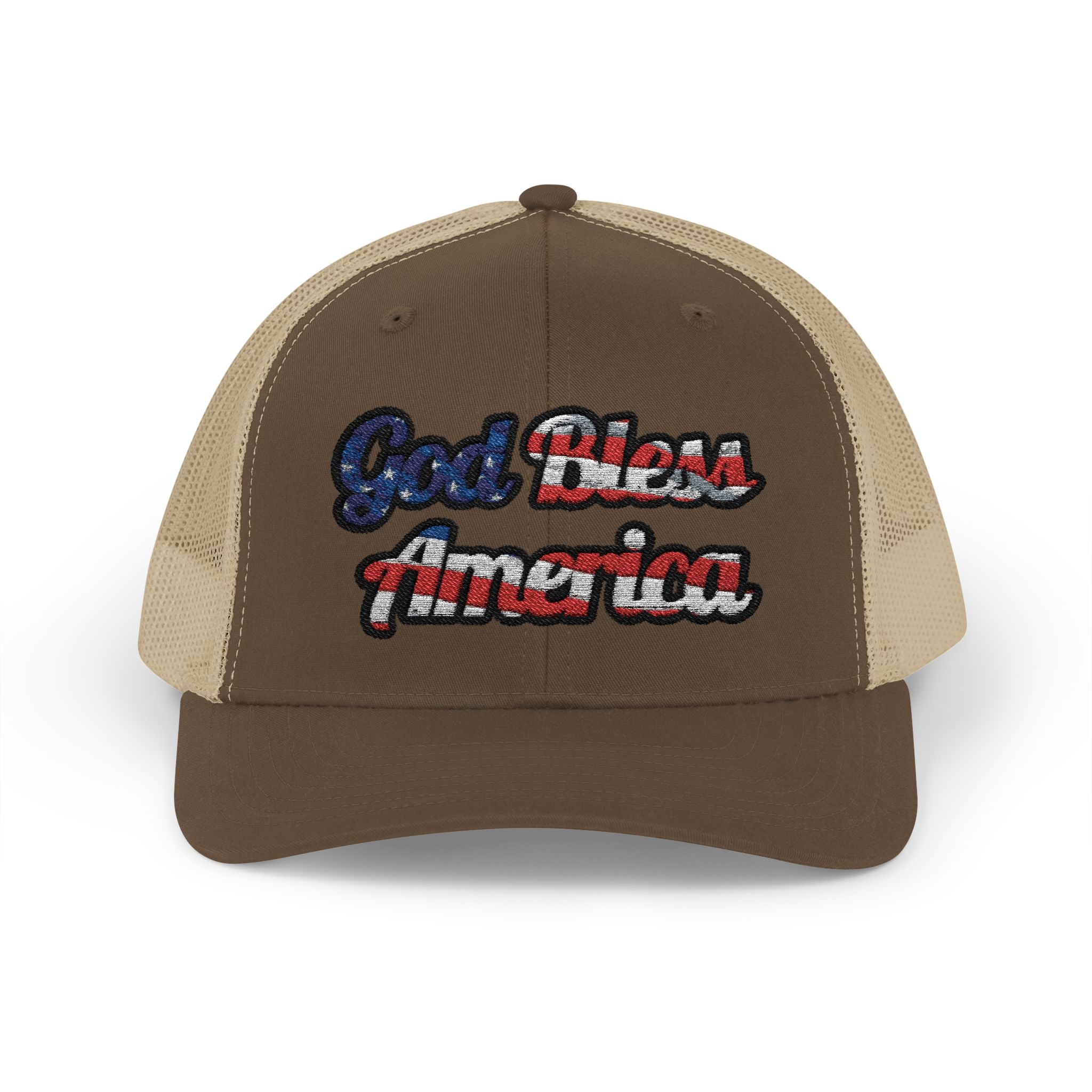 Brown God Bless America Cap with Red, White, and Blue Text in Front View