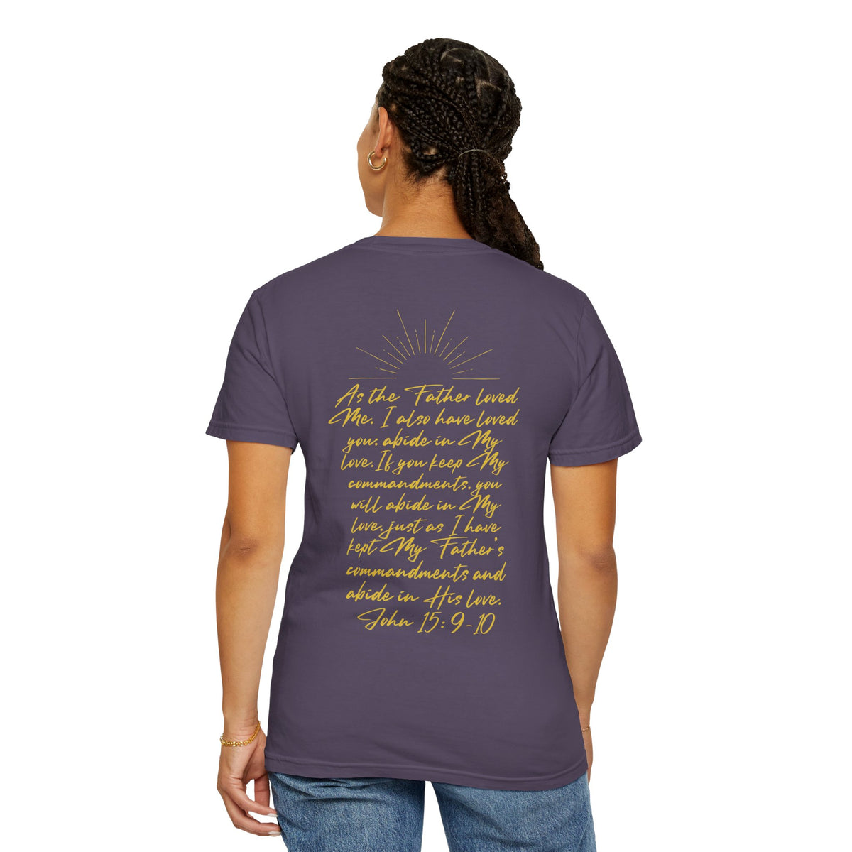 Loved Script T-Shirt — "Loved" Gold Script Tee with Inspirational Scripture Text (John 15:9-10)