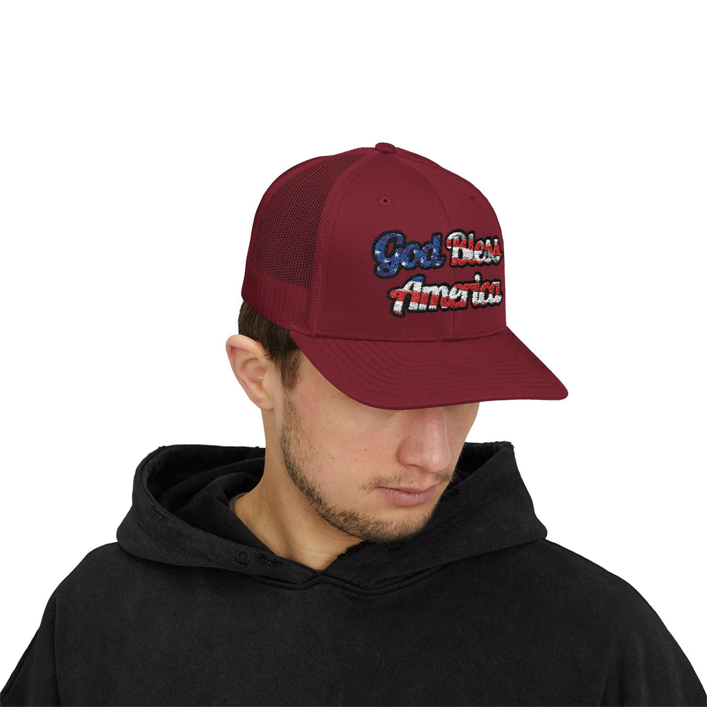 God Bless America Embroidery Snapback Trucker Cap