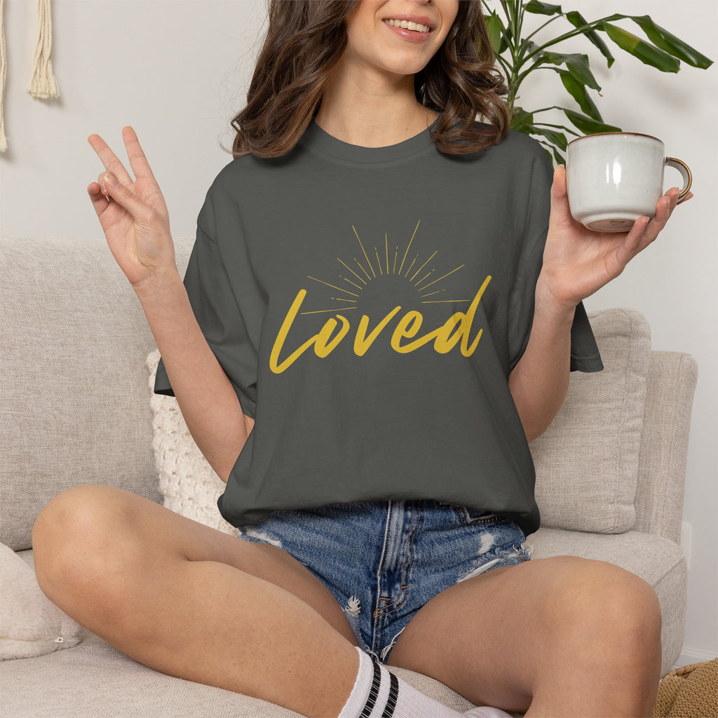 Loved Script T-Shirt — "Loved" Gold Script Tee with Inspirational Scripture Text (John 15:9-10)