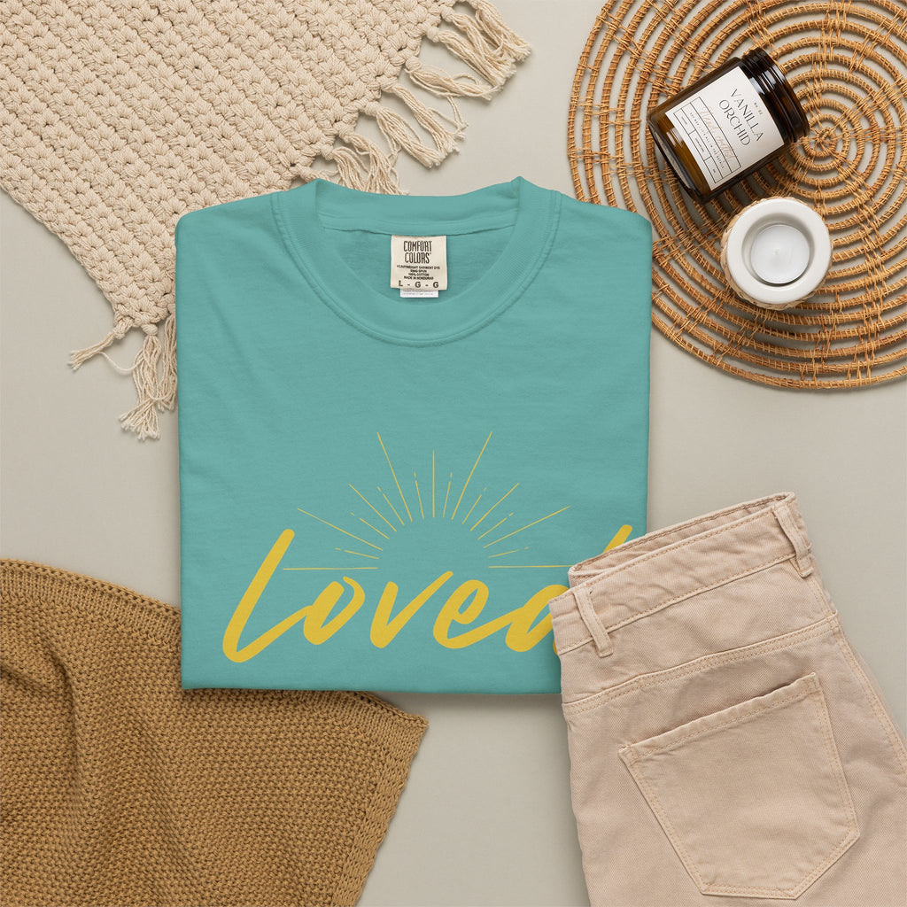 Loved Script T-Shirt — "Loved" Gold Script Tee with Inspirational Scripture Text (John 15:9-10)