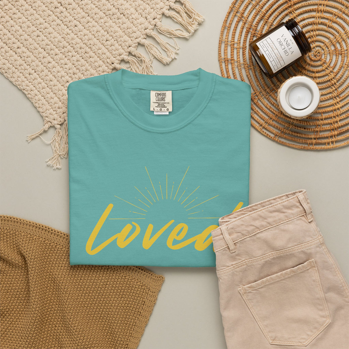 Loved Script T-Shirt — "Loved" Gold Script Tee with Inspirational Scripture Text (John 15:9-10)