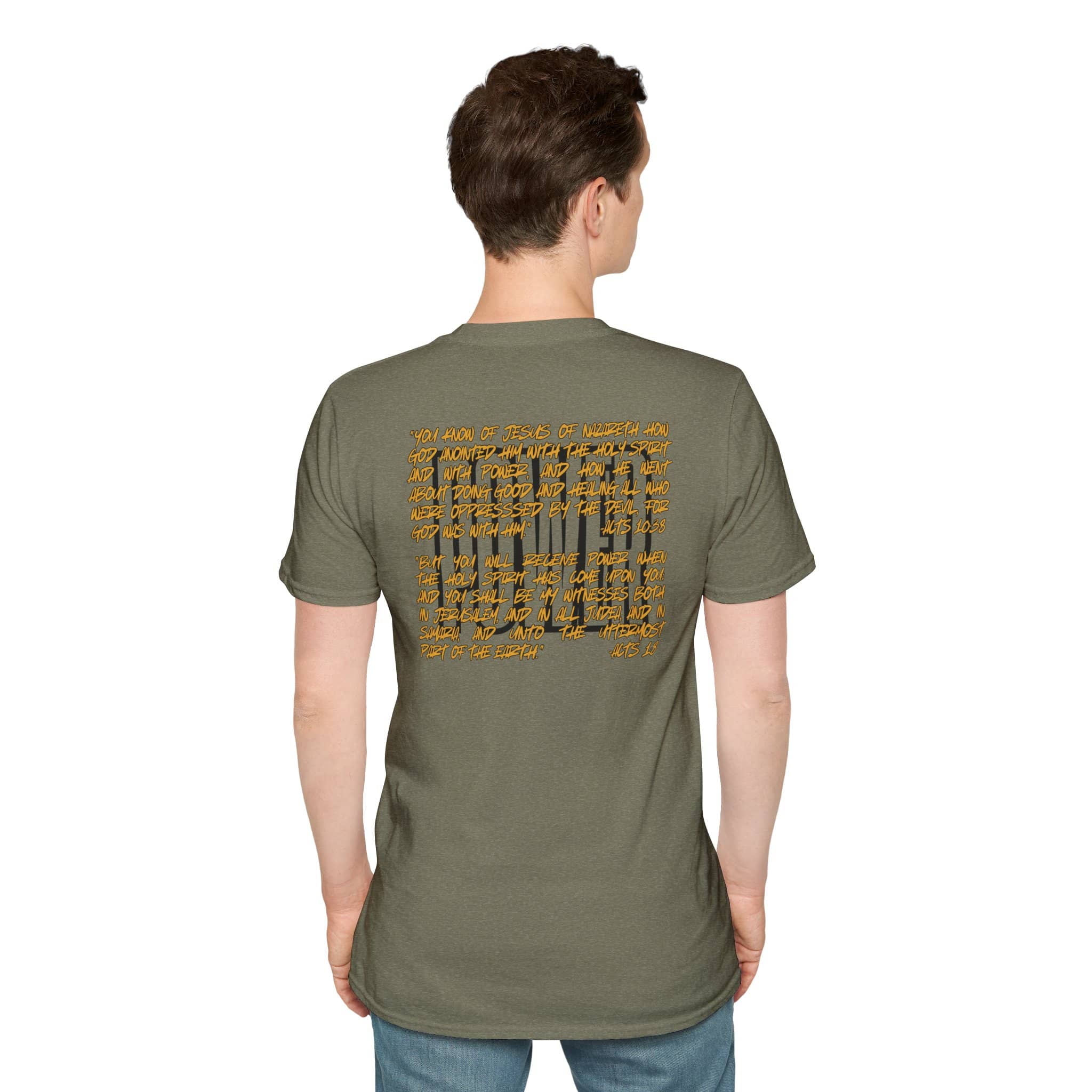 Scripture graphic tee in olive green featuring a vibrant back design with inspirational text