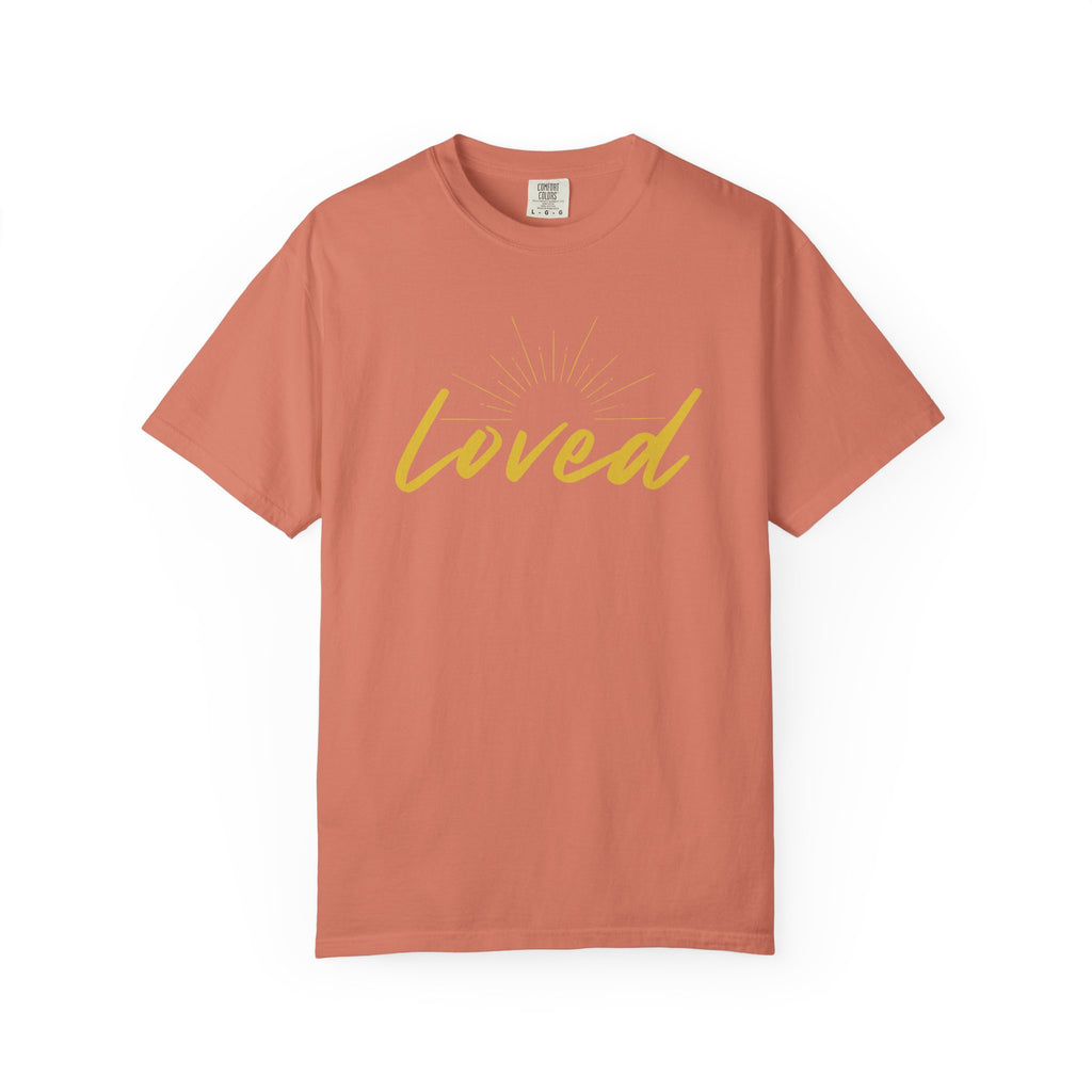 Loved Script T-Shirt — "Loved" Gold Script Tee with Inspirational Scripture Text (John 15:9-10)