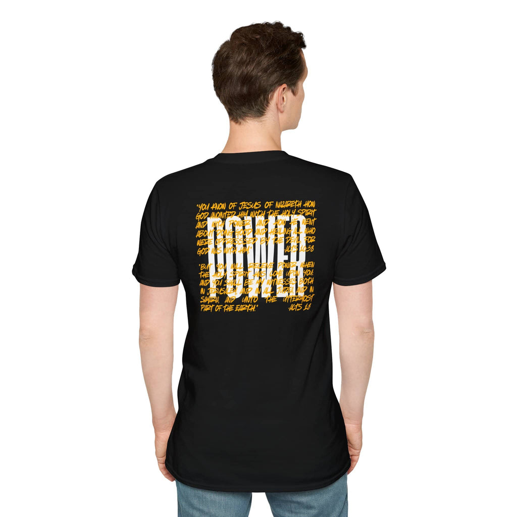 Black scripture graphic tee featuring inspirational text on the back view