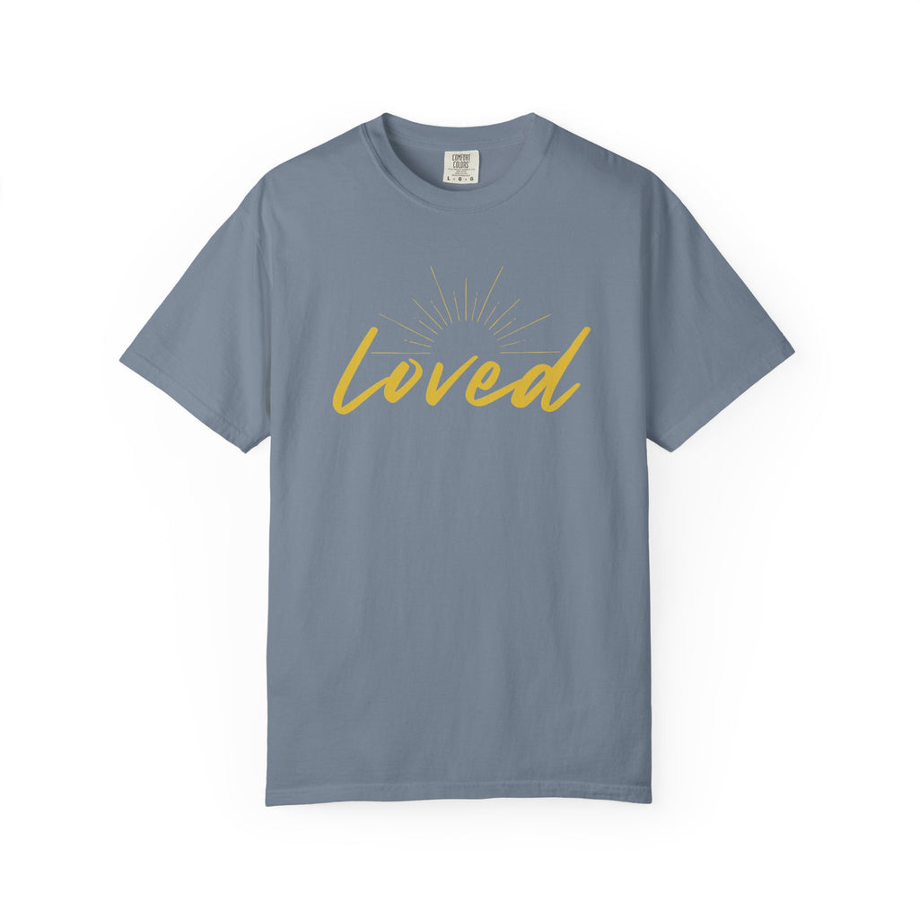 Loved Script T-Shirt — "Loved" Gold Script Tee with Inspirational Scripture Text (John 15:9-10)