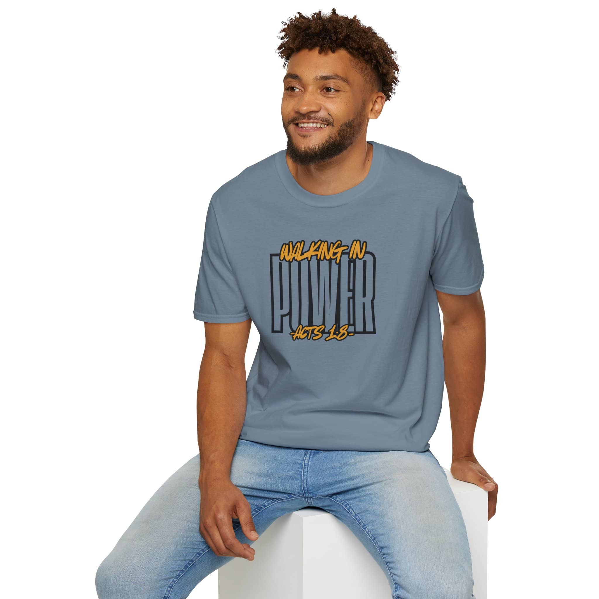 Men's scripture graphic tee with 'Walking in Power' phrase in blue, front view.