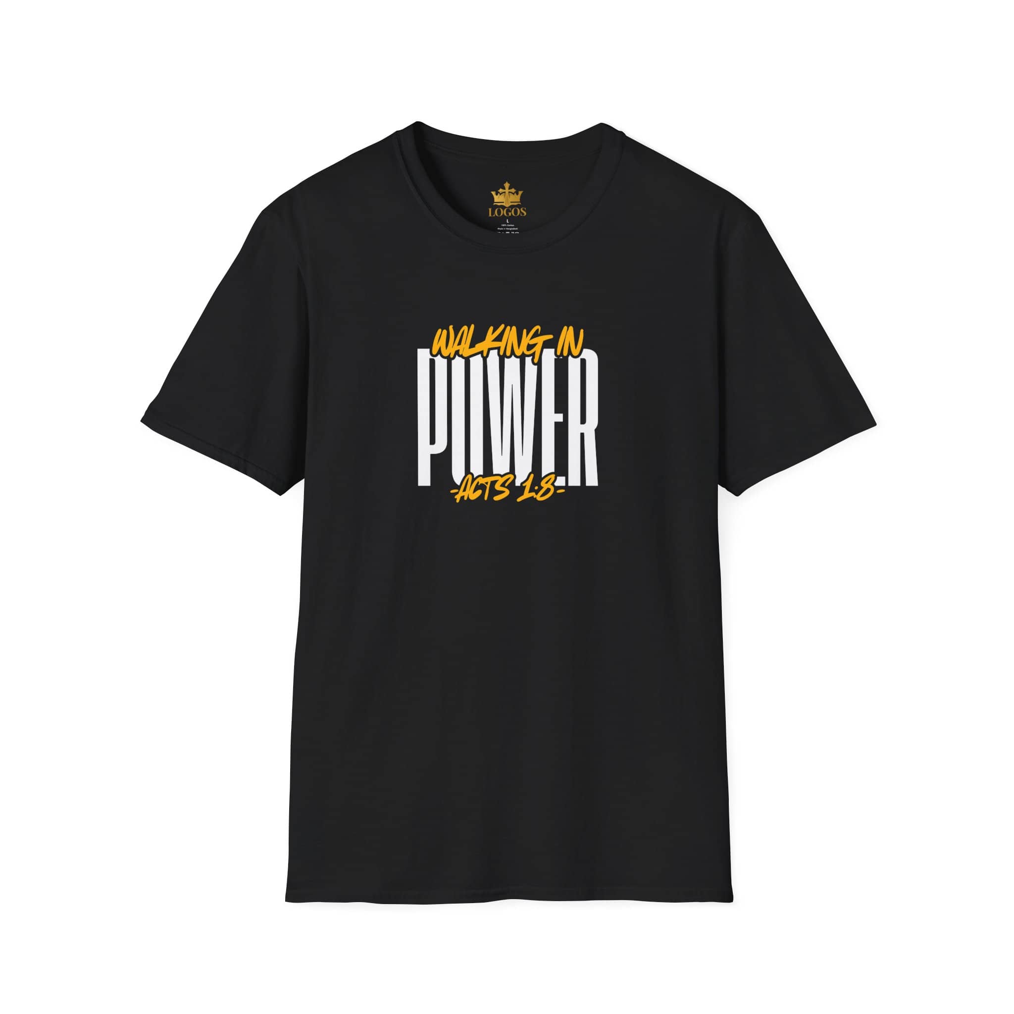 Black scripture graphic tee featuring 'Walking in Power Acts 1:8' on the front