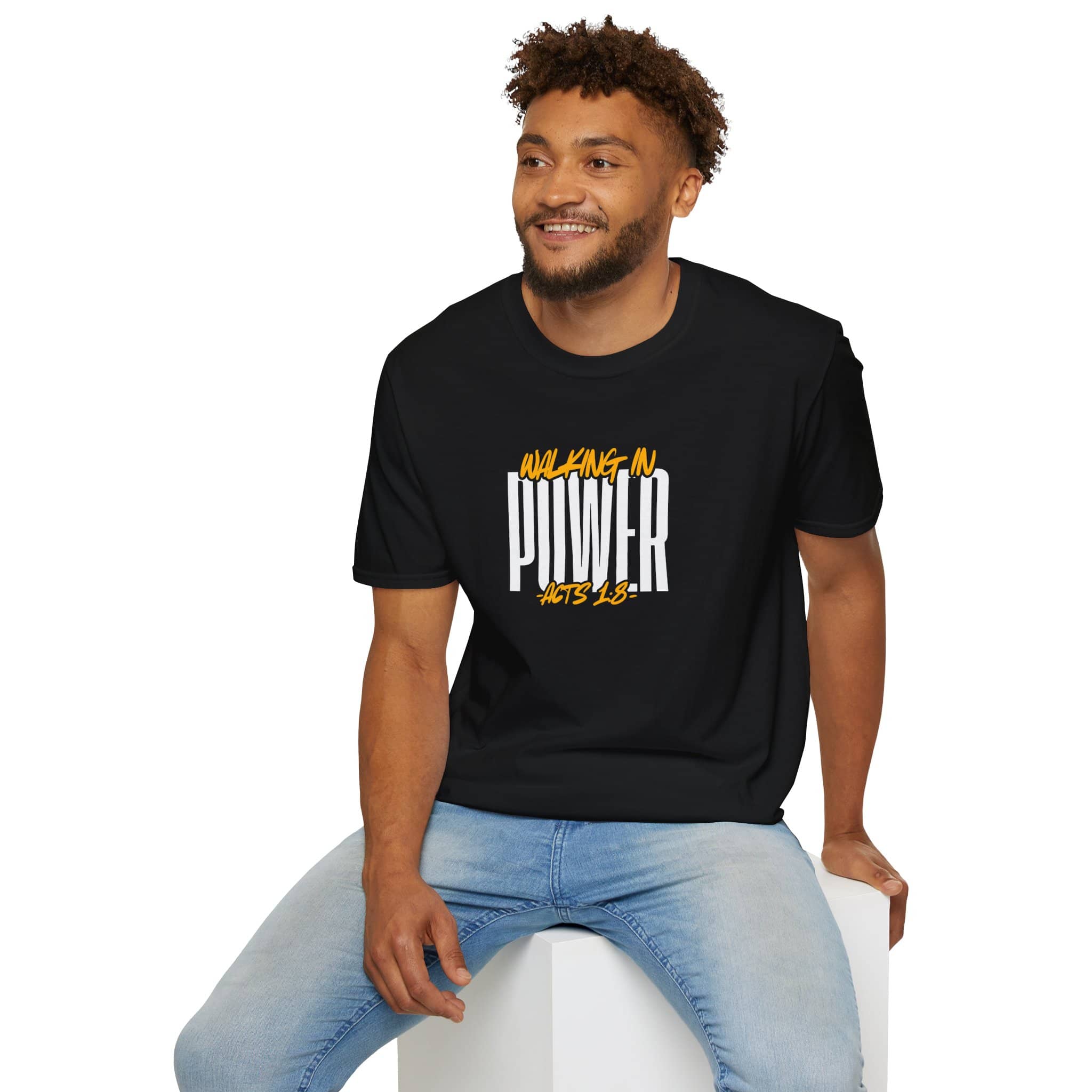 Black scripture graphic tee with 'Walking in Power Acts 1:8' printed on the front