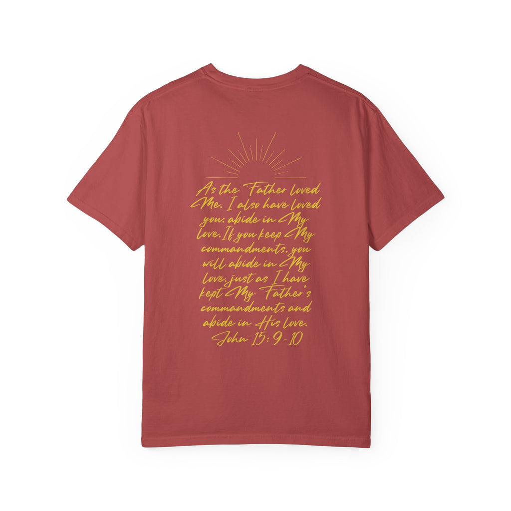 Loved Script T-Shirt — "Loved" Gold Script Tee with Inspirational Scripture Text (John 15:9-10)