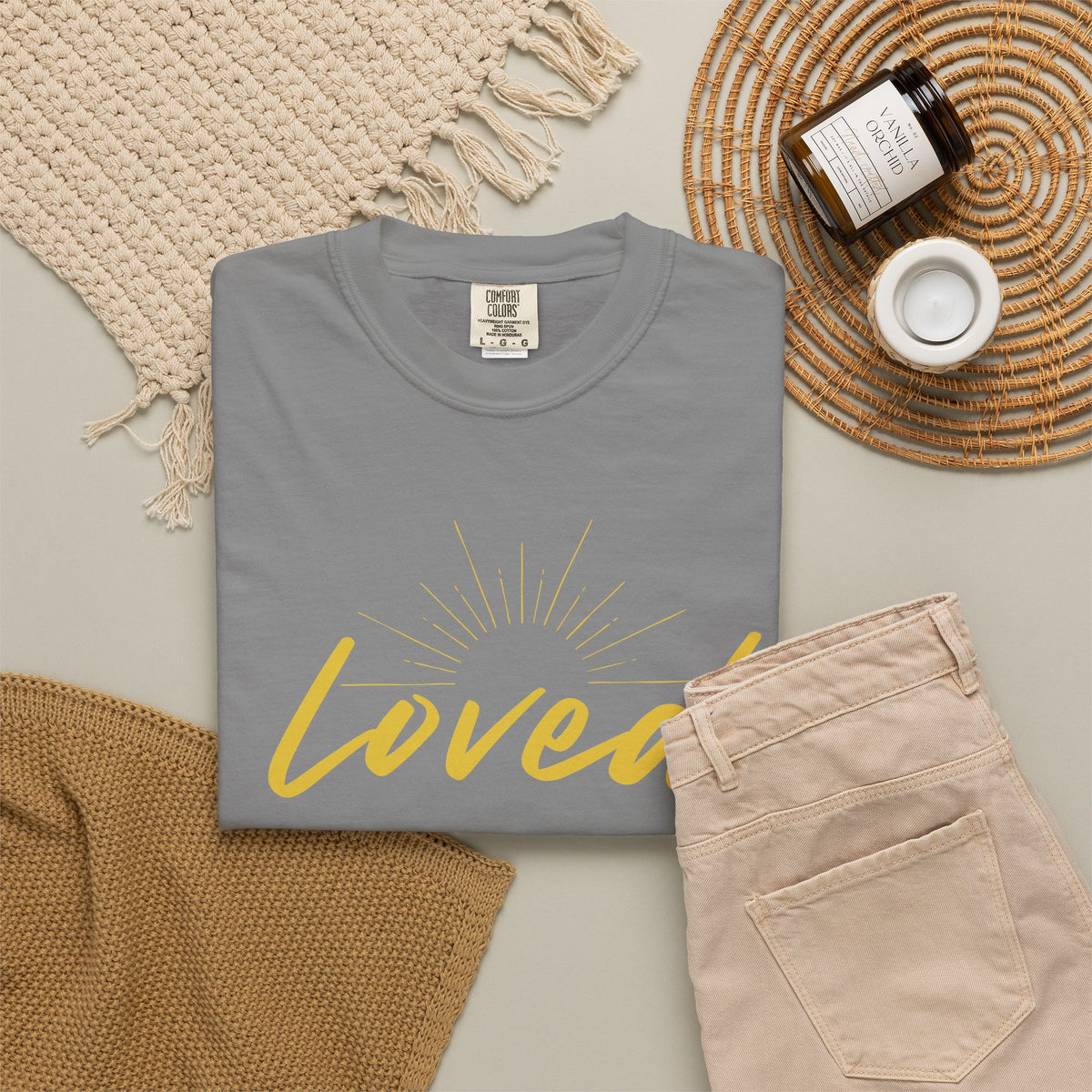 Loved Script T-Shirt — "Loved" Gold Script Tee with Inspirational Scripture Text (John 15:9-10)