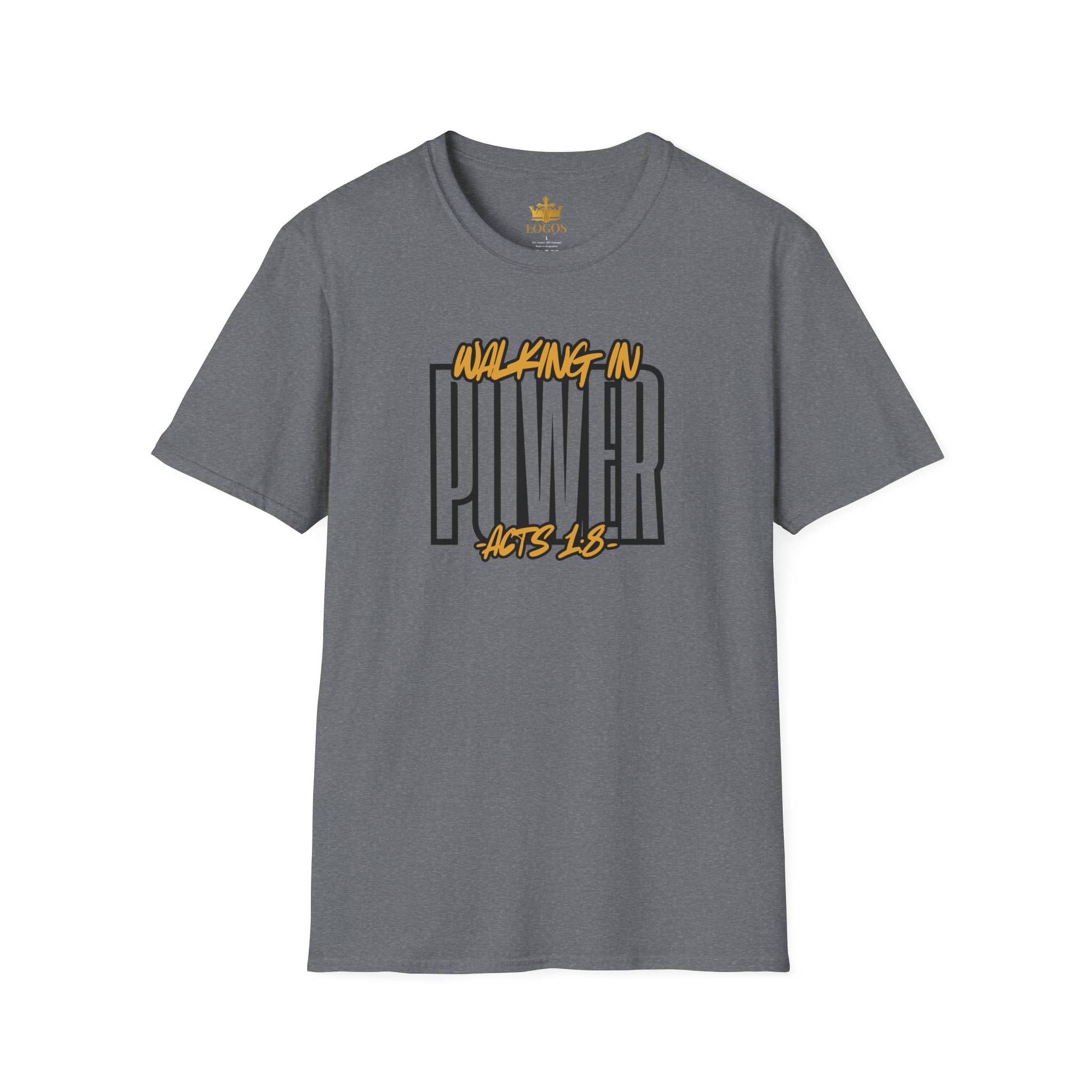 Gray scripture graphic tee featuring 'Walking in Power Acts 1:8' in bold lettering, front view