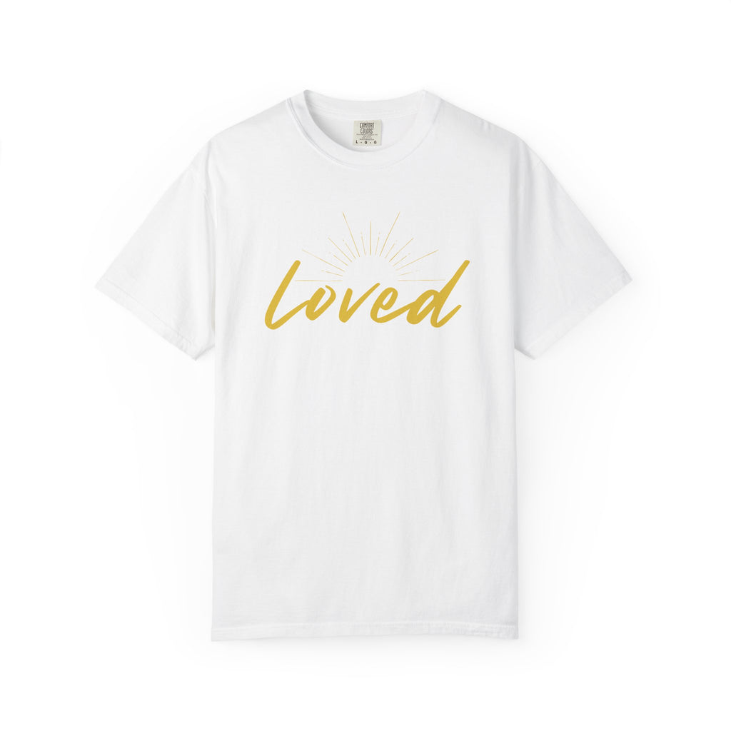 Loved Script T-Shirt — "Loved" Gold Script Tee with Inspirational Scripture Text (John 15:9-10)