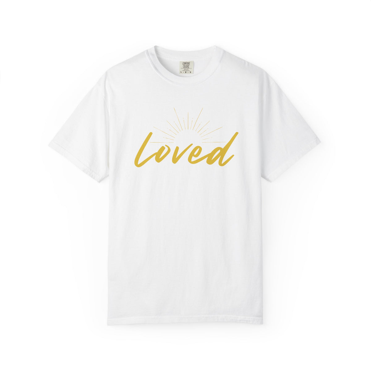Loved Script T-Shirt — "Loved" Gold Script Tee with Inspirational Scripture Text (John 15:9-10)