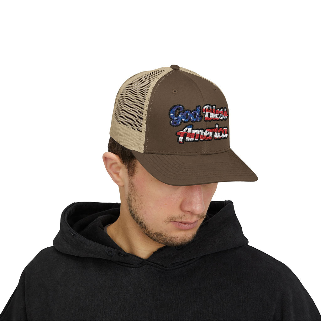 God Bless America Embroidery Snapback Trucker Cap