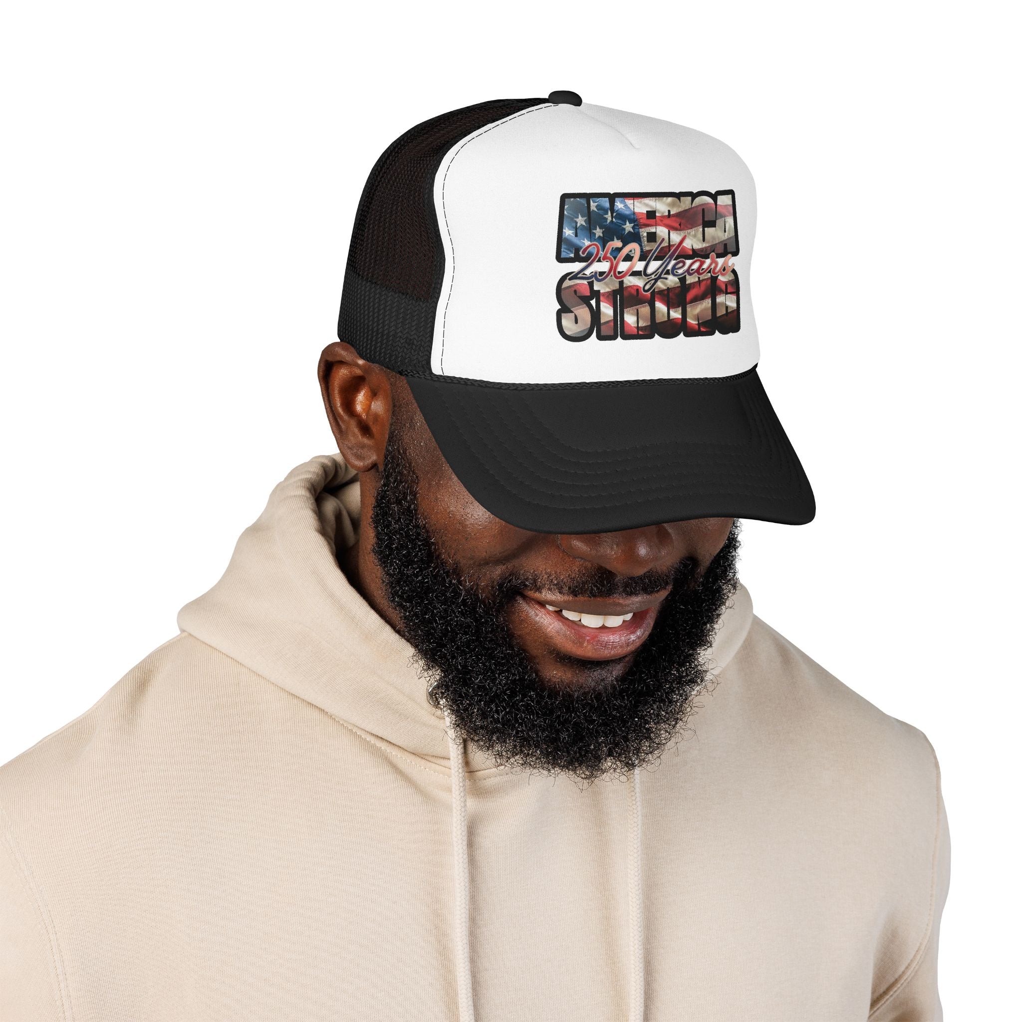 "250 Years Strong" Vintage American Flag Trucker Hat — Patriotic Cap