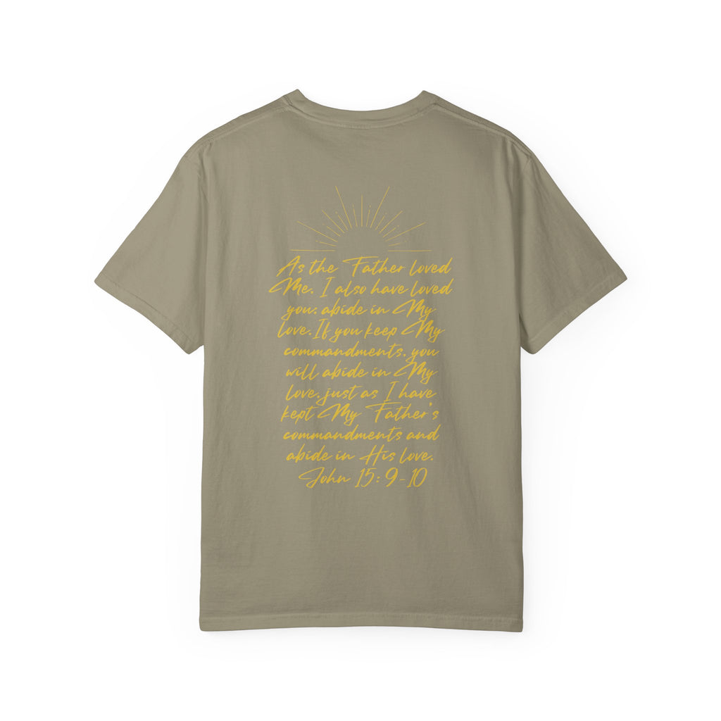 Loved Script T-Shirt — "Loved" Gold Script Tee with Inspirational Scripture Text (John 15:9-10)