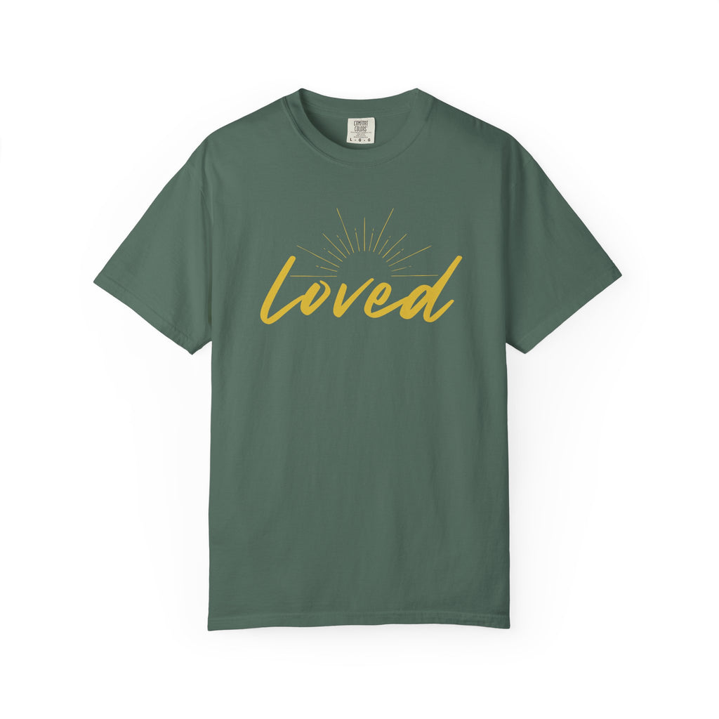 Loved Script T-Shirt — "Loved" Gold Script Tee with Inspirational Scripture Text (John 15:9-10)