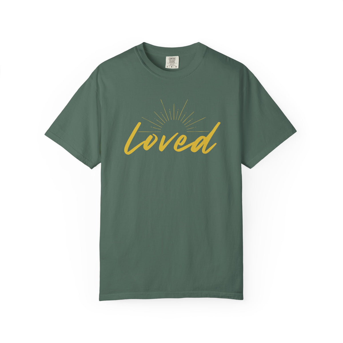 Loved Script T-Shirt — "Loved" Gold Script Tee with Inspirational Scripture Text (John 15:9-10)