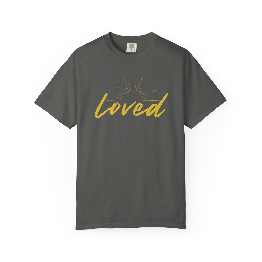 Loved Script T-Shirt — "Loved" Gold Script Tee with Inspirational Scripture Text (John 15:9-10)