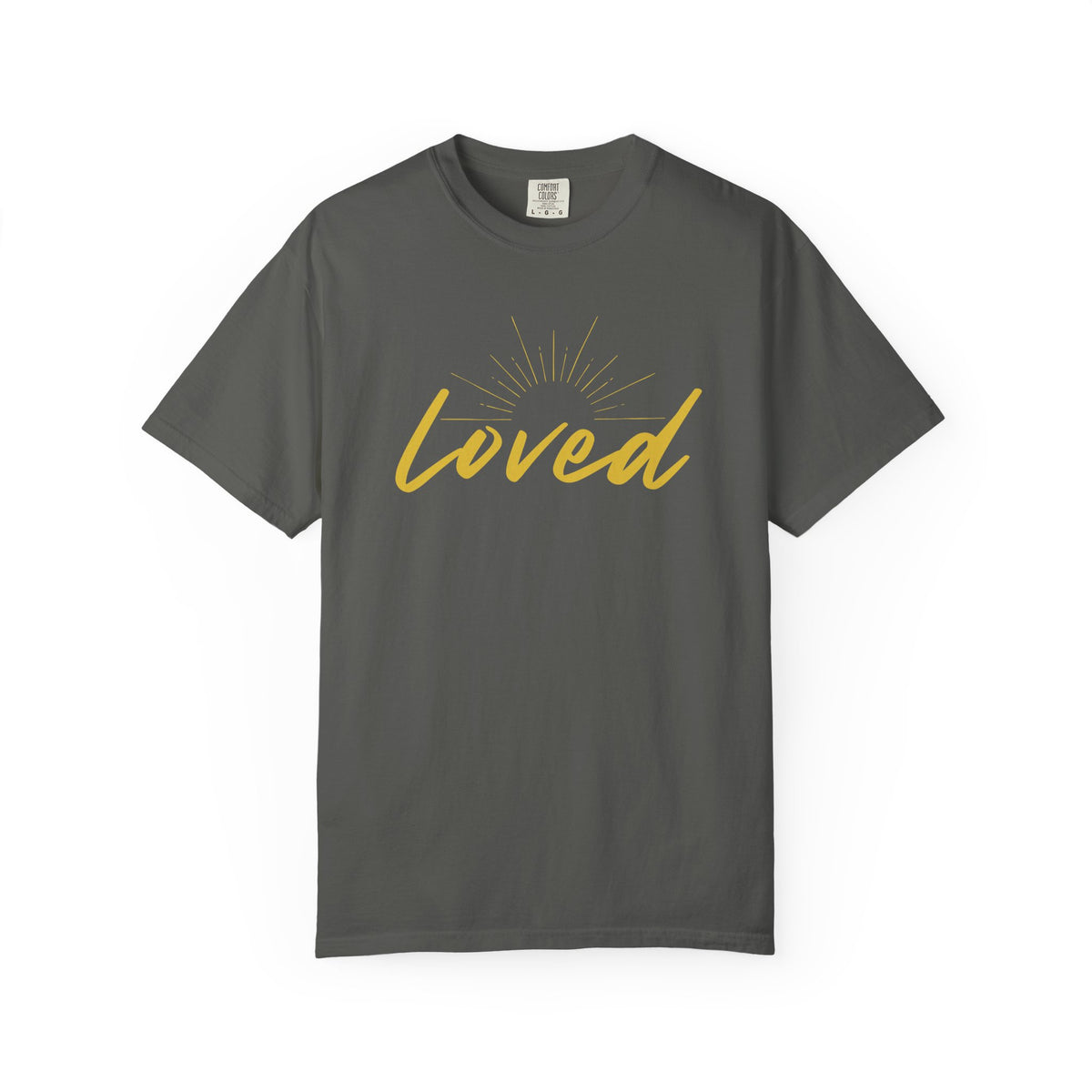 Loved Script T-Shirt — "Loved" Gold Script Tee with Inspirational Scripture Text (John 15:9-10)
