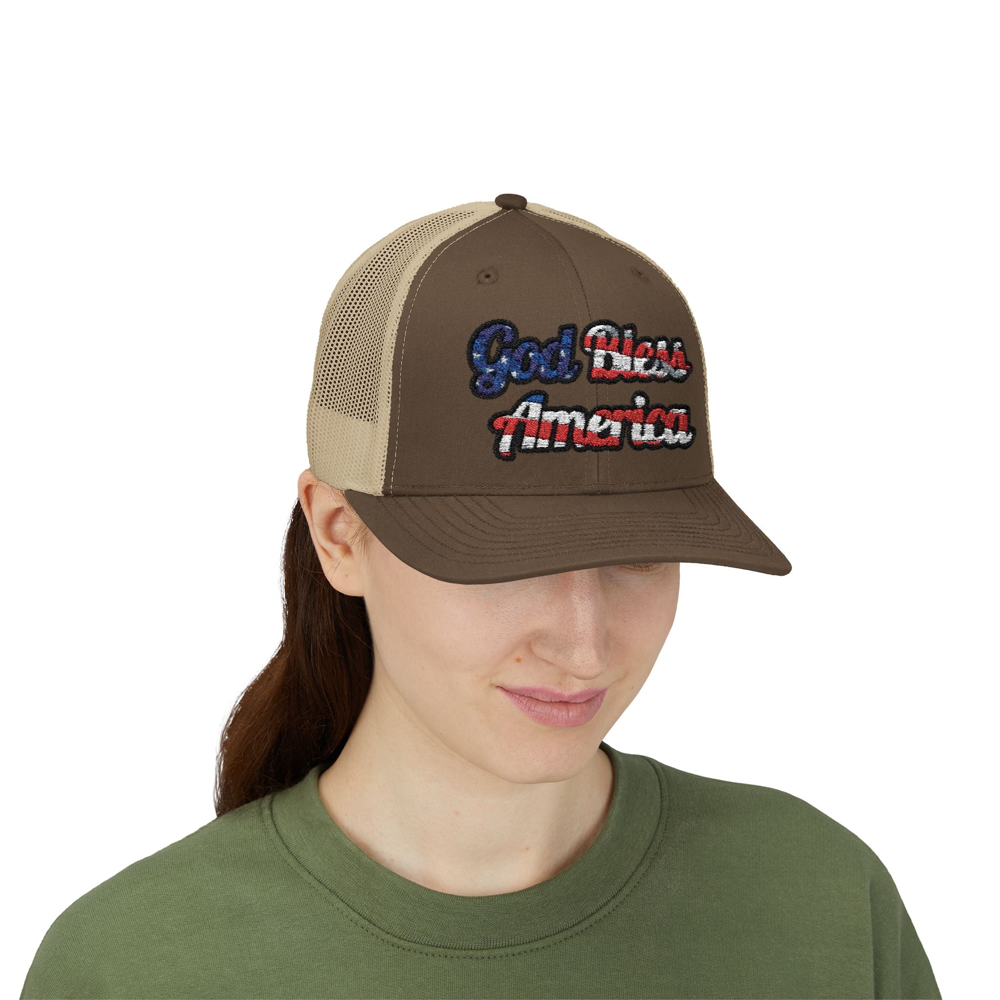 God Bless America Embroidery Snapback Trucker Cap