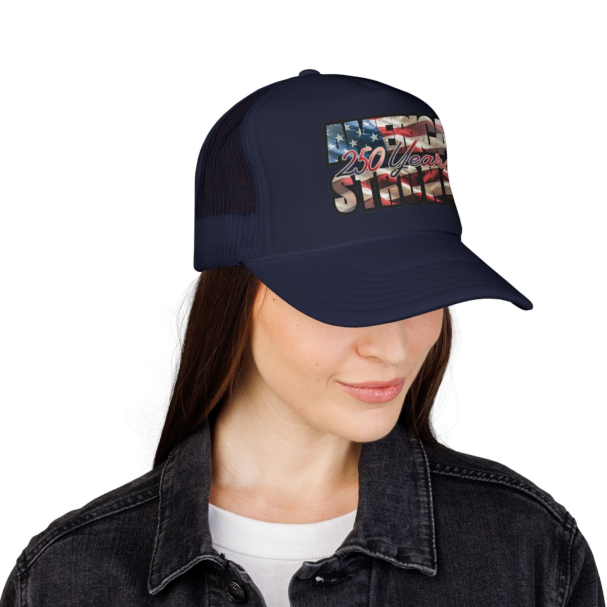 "250 Years Strong" Vintage American Flag Trucker Hat — Patriotic Cap